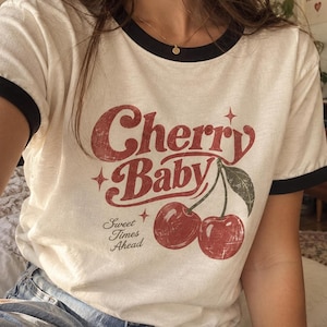 Vintage Cherry Baby Ringer Tee, 70s Retro Graphic Shirt, Distressed Fruit Print