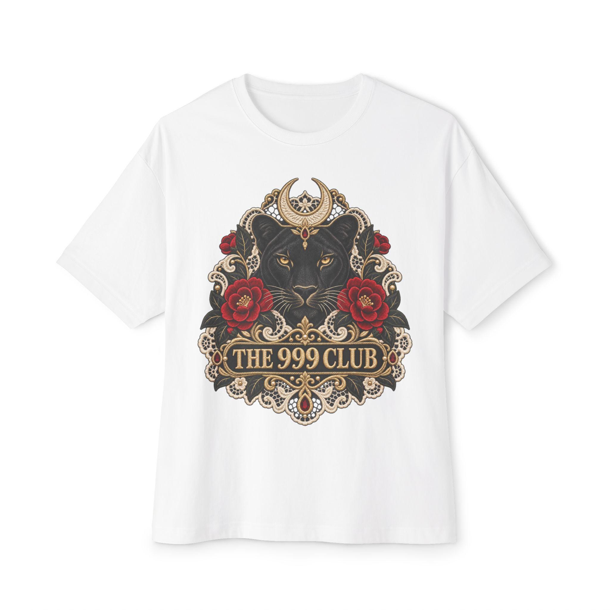 Black Panther Crest with Roses The 999 Club Tee Lace Knitting — original holiday T-shirt design by THE 999 CLUB