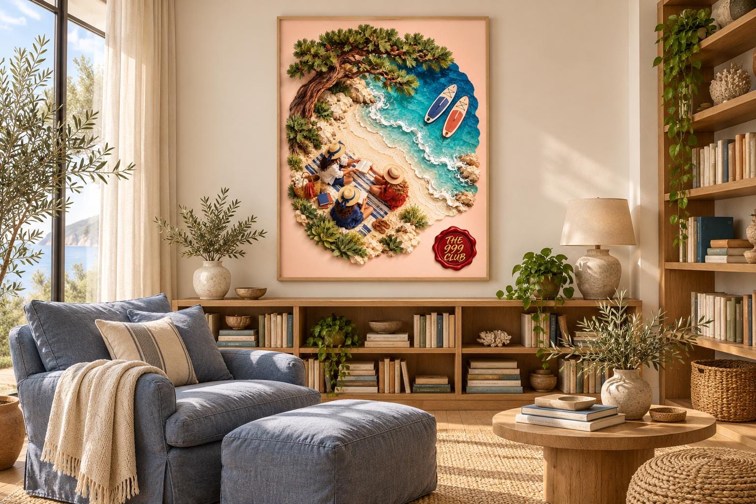 SUP Paddleboard Beach Wall Art Poster, Friends Reading Books by the Sea, Summer Coastal Decor, Sandy Shore Ocean Print, Beach House Gift — THE 999 CLUB digital wall art