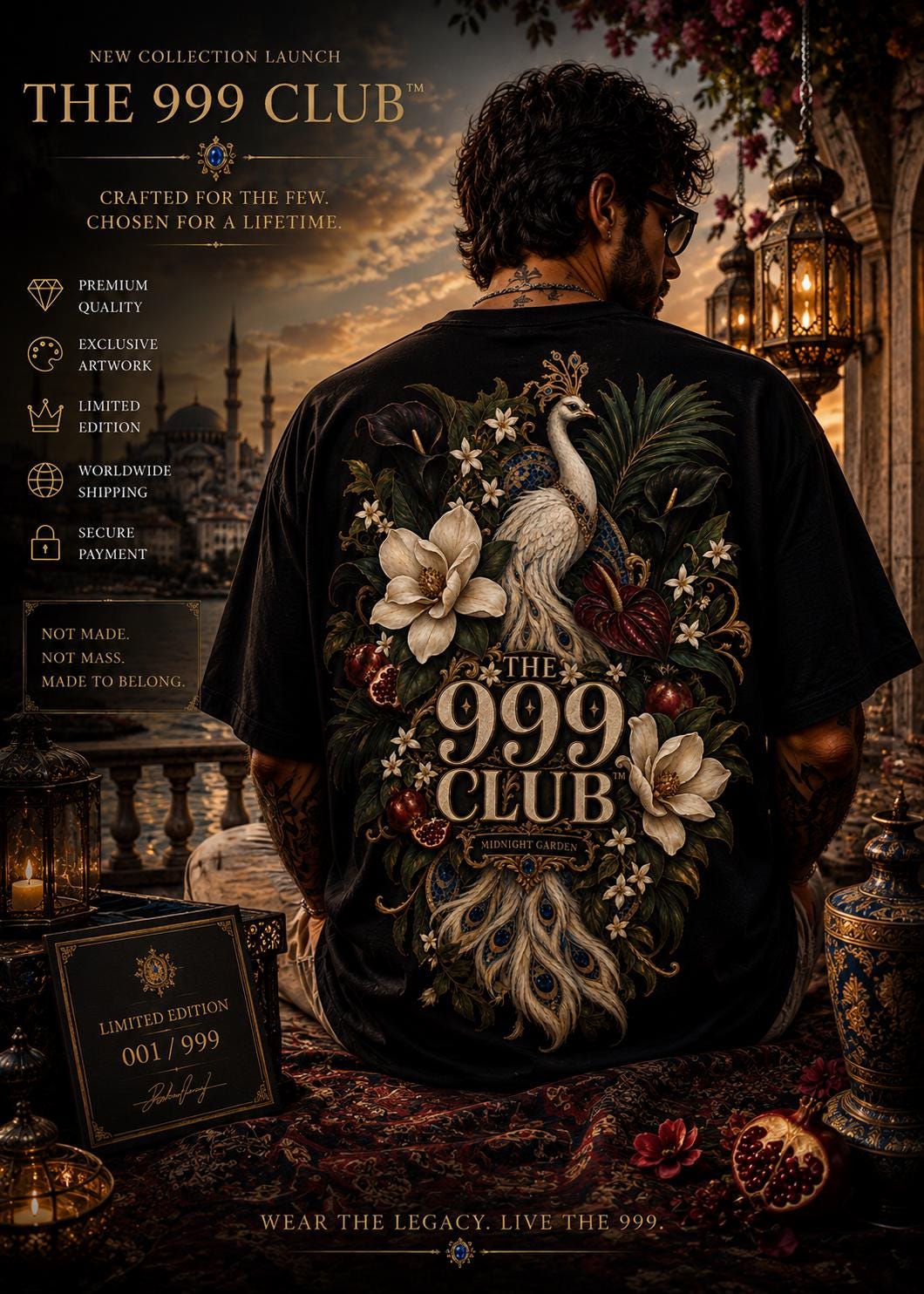 White Peacock Floral Art T-Shirt: Botanical Back Print, Boho Bird Graphic Tee