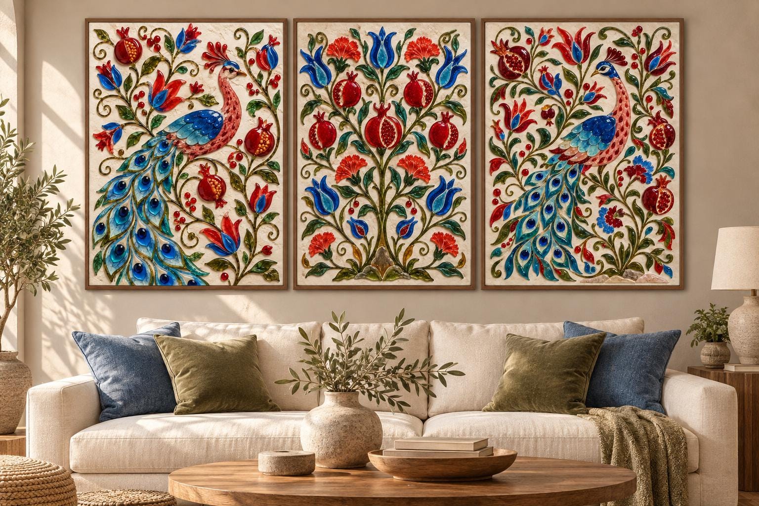 Peacock and Pomegranate Glass Art Poster, Colorful Tulip Flowers, Fused Glass Bird Wall Art, Vibrant Botanical Decor, Elegant Home Art Print — THE 999 CLUB digital wall art
