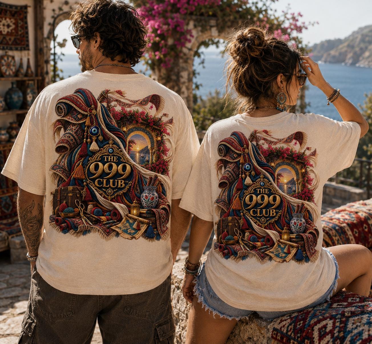 Boho Carpet Design Cotton Tee, Dual-Side Print, Unisex Gift