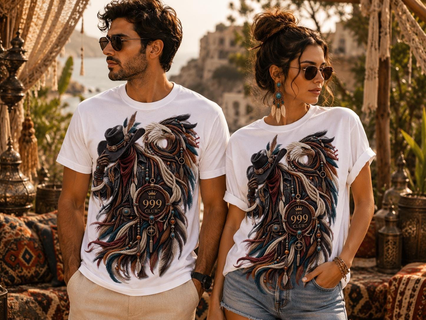 Boho Horse Head Graphic Tee, Feathered Eagle Design, Combed Cotton T-Shirt, Couple Trend, Gift Ideas