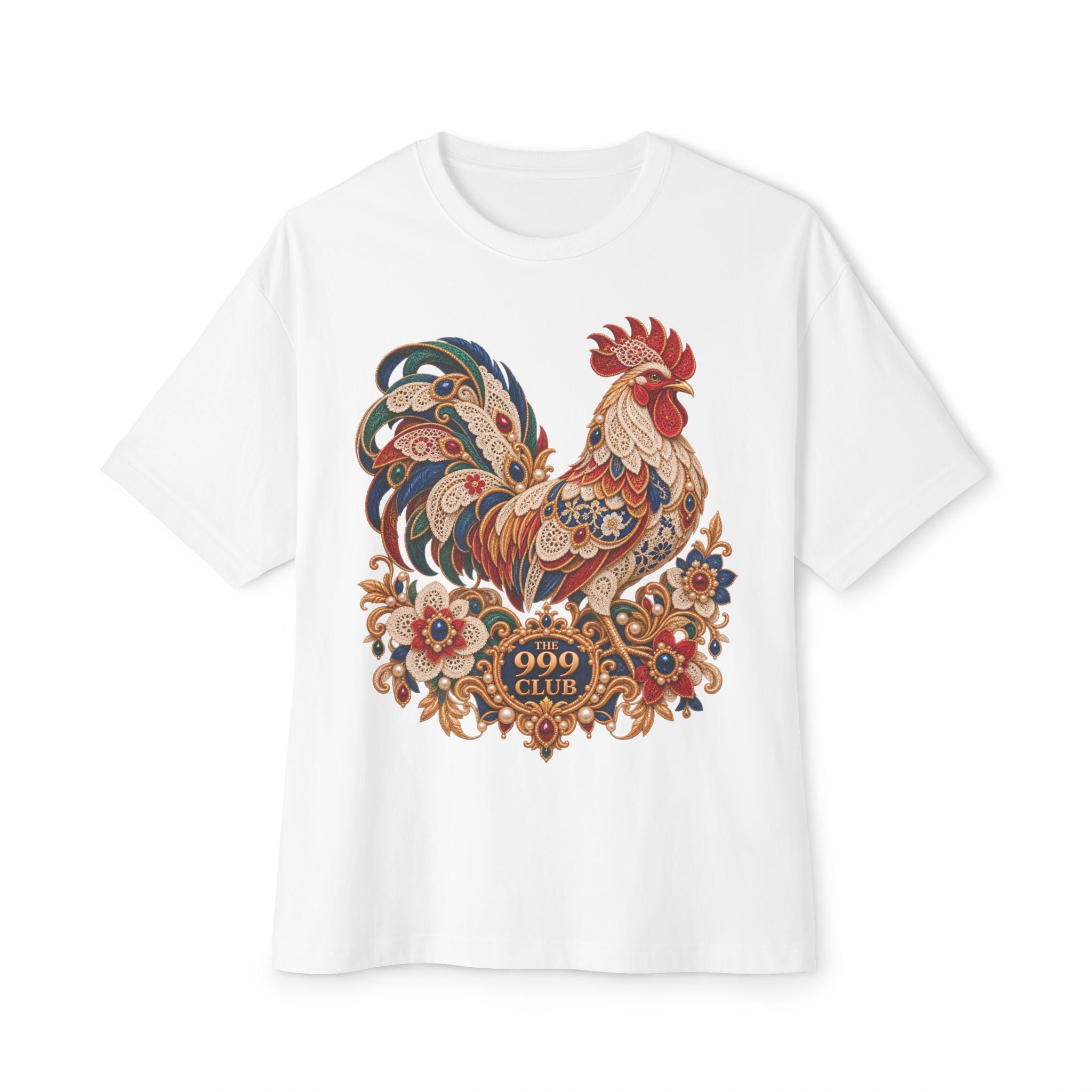 Folk Art Rooster Tee | Floral Rooster Illustration T-Shirt Lace Knitting — original bohemian art T-shirt design by THE 999 CLUB