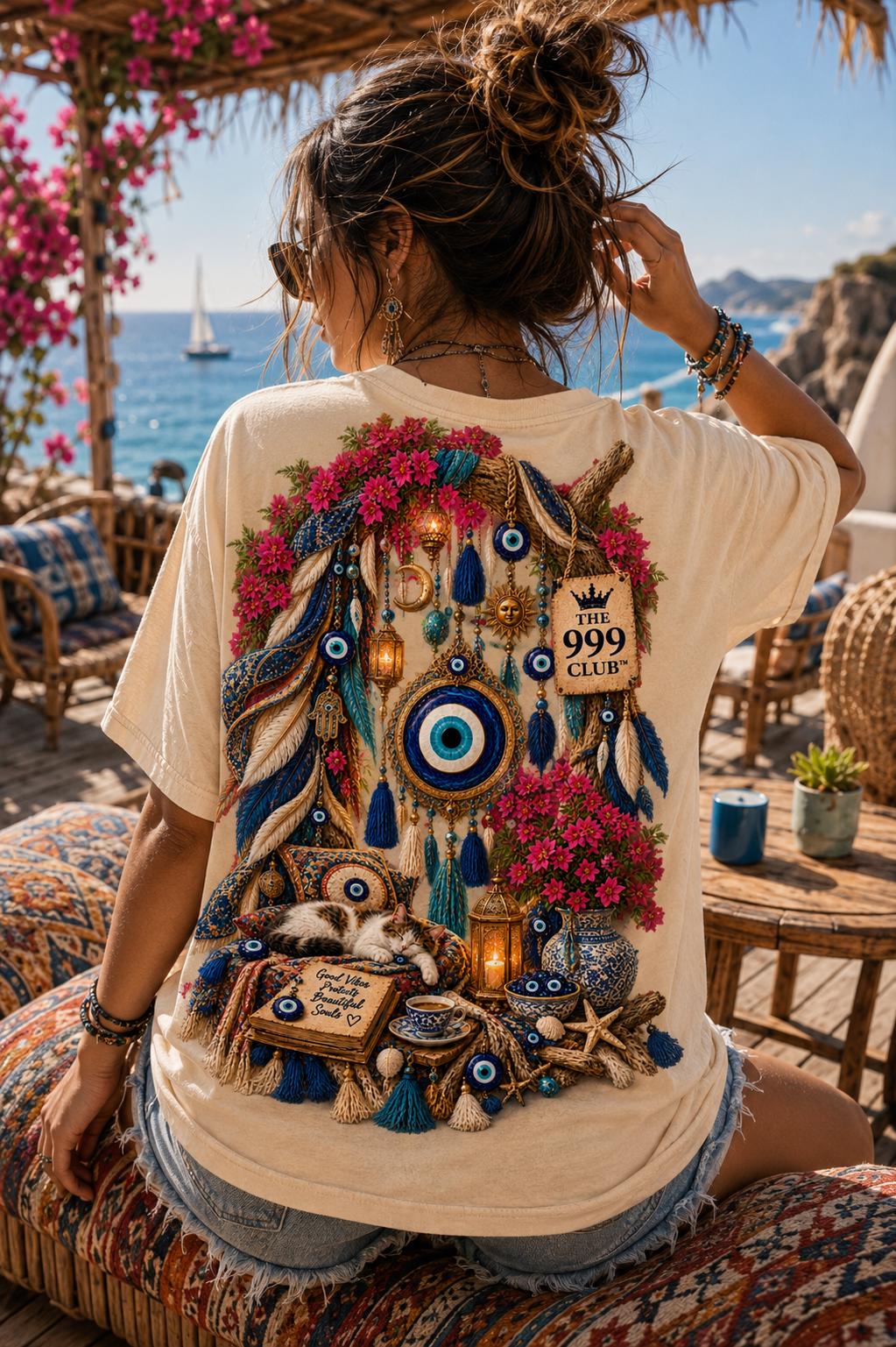 Protective Hamsa Hand Tee, Nazar Bead Flowers, Graphic Shirt (Combed Cotton)