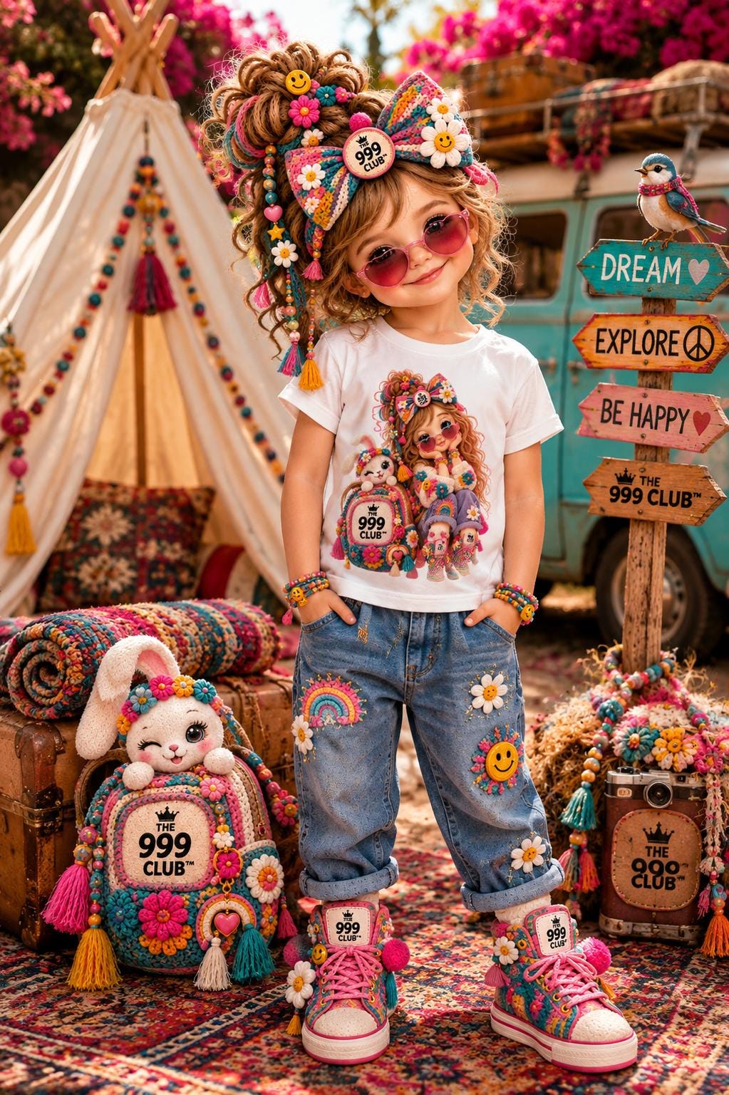 Toddler Doll Tee, Colorful Plush Friends Illustration, Lightweight Cotton Shirt