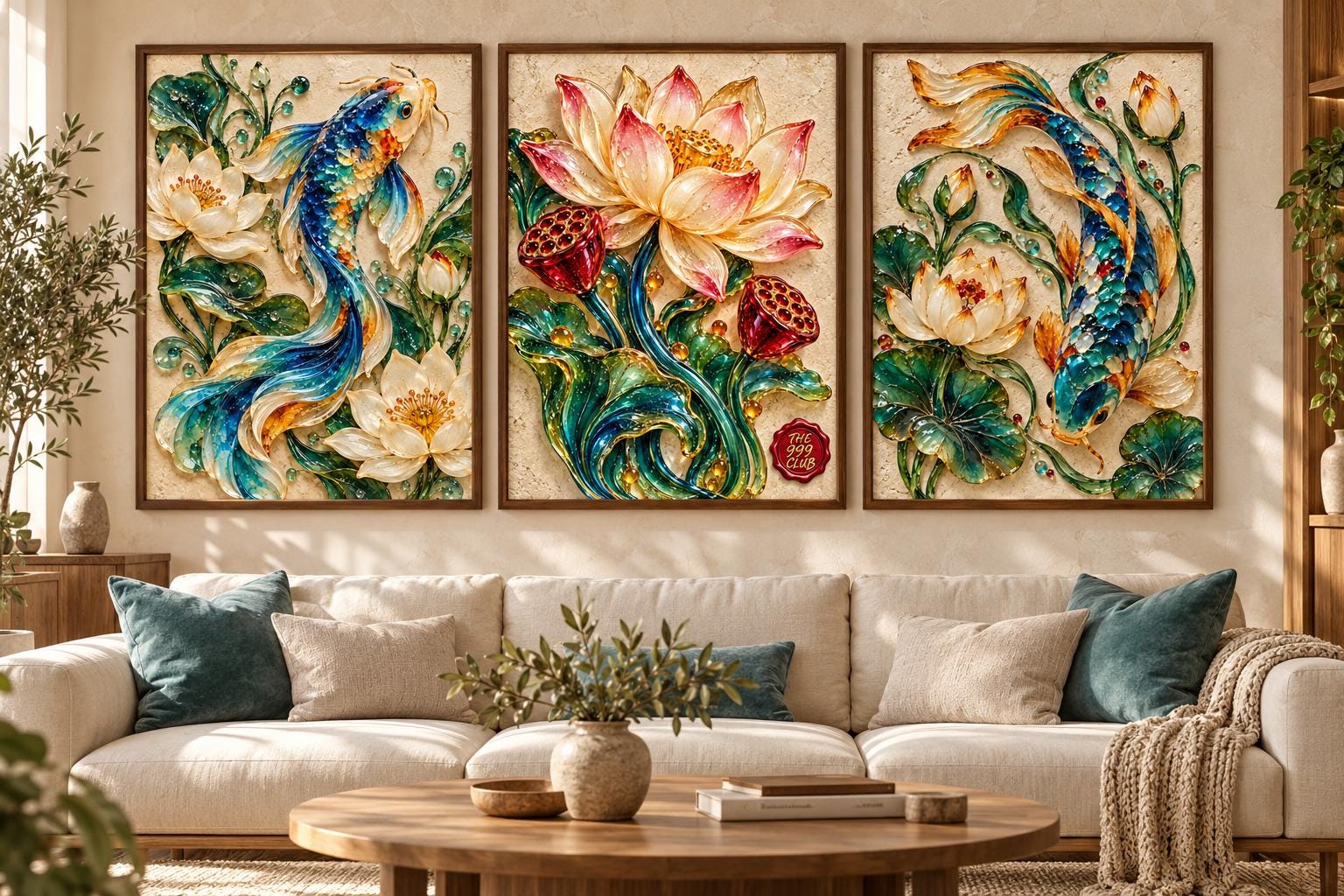 Koi Fish Fused Glass Art Poster, Colorful Japanese Koi Wall Art, Lotus Flower Glass Fish Panel, Zen Pond Decor, Elegant Aquatic Art Prints — THE 999 CLUB digital wall art