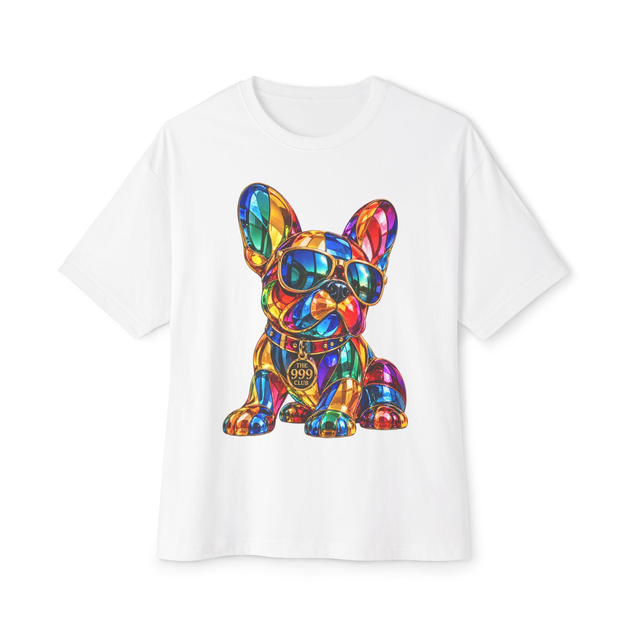 Colorful Stained Glass French Bulldog Tee | Rainbow Bulldog Graphic T-Shirt — original animal art T-shirt design by THE 999 CLUB