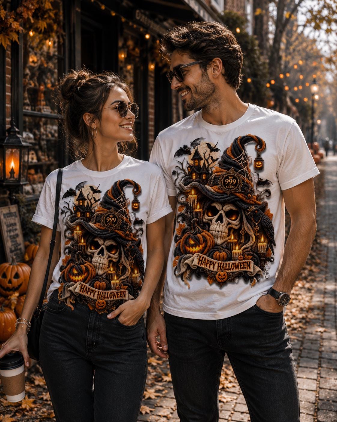 Skull Witch Hat Halloween Tee | Pumpkin Bat Spooky Shirt