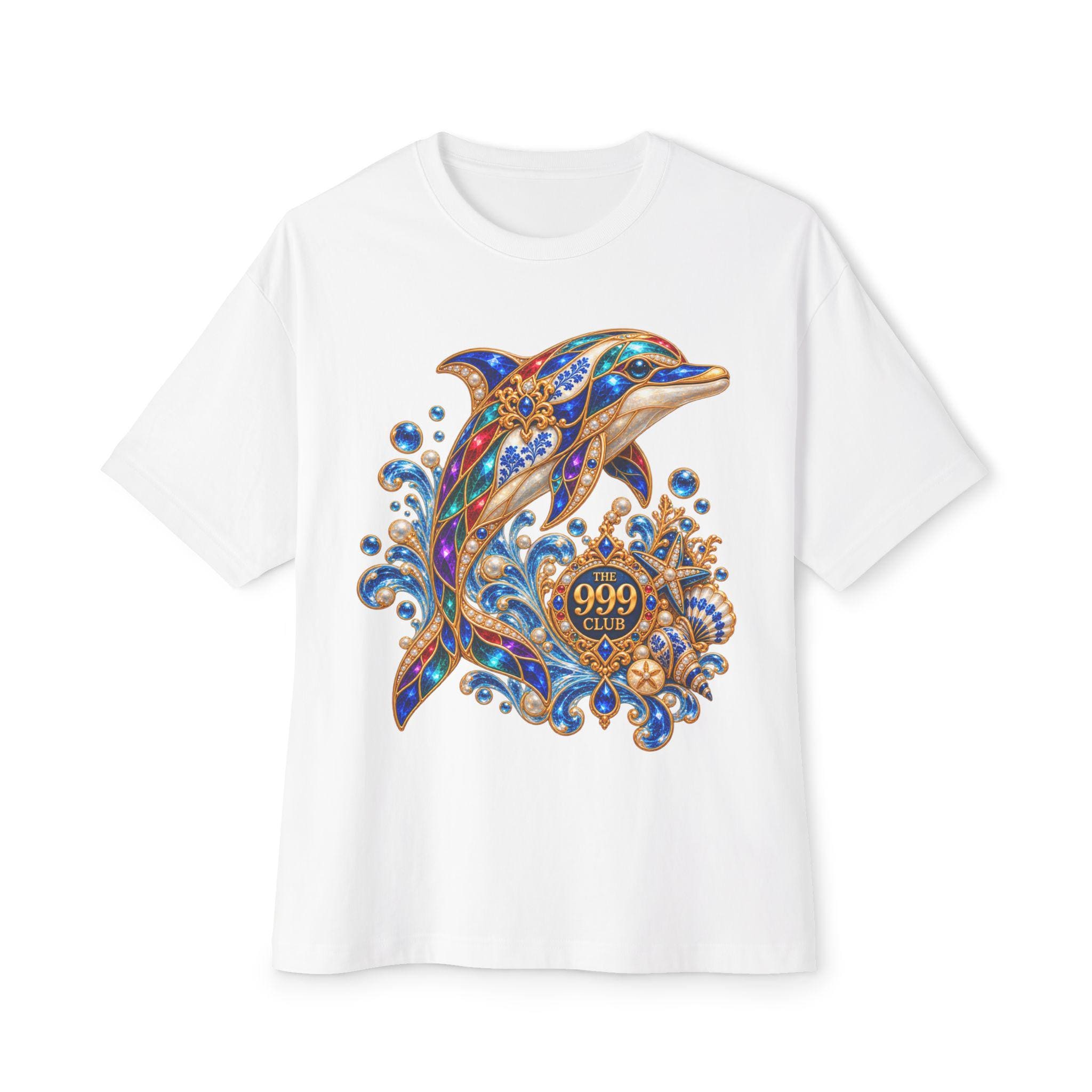 Ornate Dolphin Illustration T-Shirt | Ocean Wave Jewel Motif — original porcelain luxe T-shirt design by THE 999 CLUB
