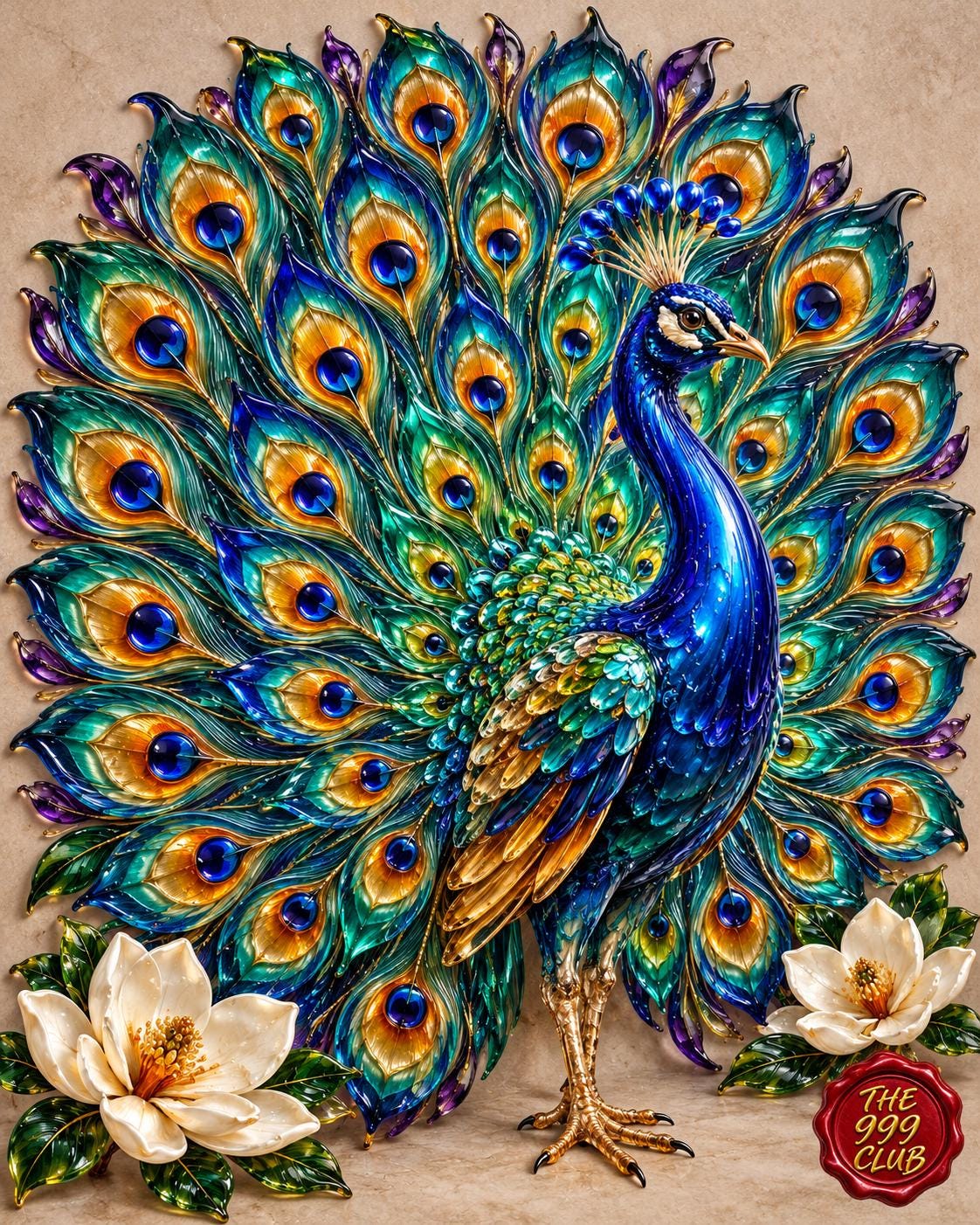 Peacock Glass Art Poster, Colorful Fused Glass Peacock Portrait, Decorative Bird Wall Art, Vibrant Animal Artwork, Elegant Glass Panel Decor — THE 999 CLUB digital wall art