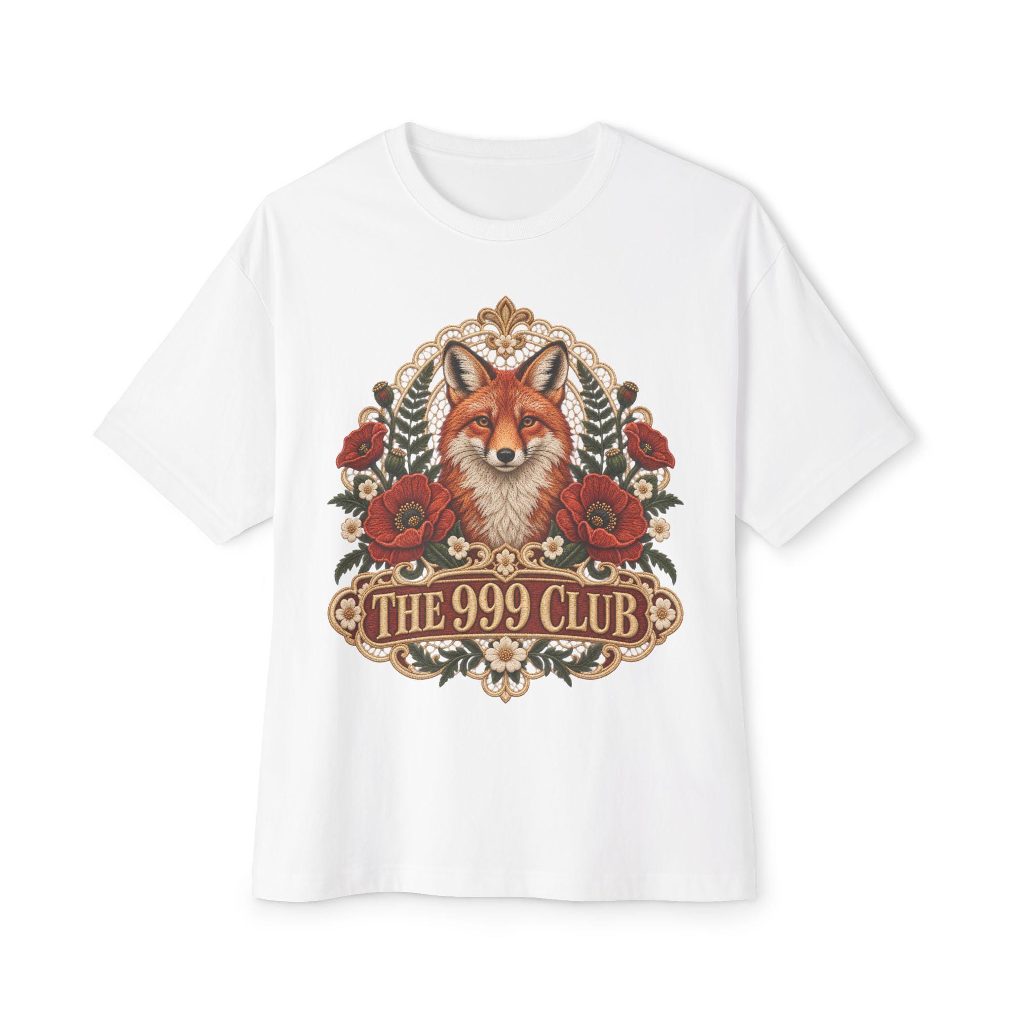 Fox Portrait with Poppies tee | The 999 Club T-Shirt Lace Knitting — original bohemian art T-shirt design by THE 999 CLUB