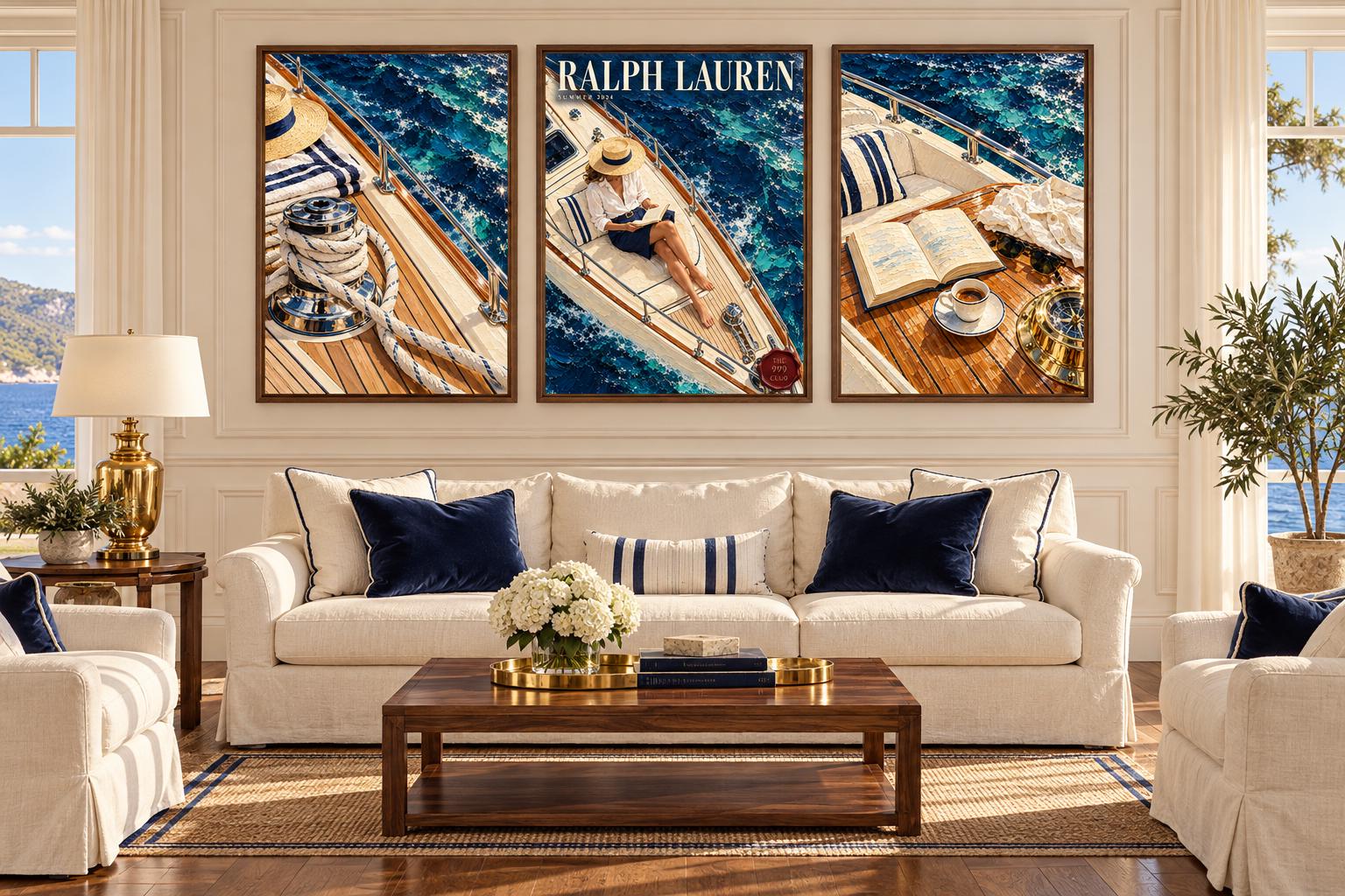 Ralph Lauren Inspired Summer Sailing Yacht Poster, Nautical Rope, Book and Coffee by the Sea, Sea Coastal Wall Art, Luxury Beach House Decor — THE 999 CLUB digital wall art