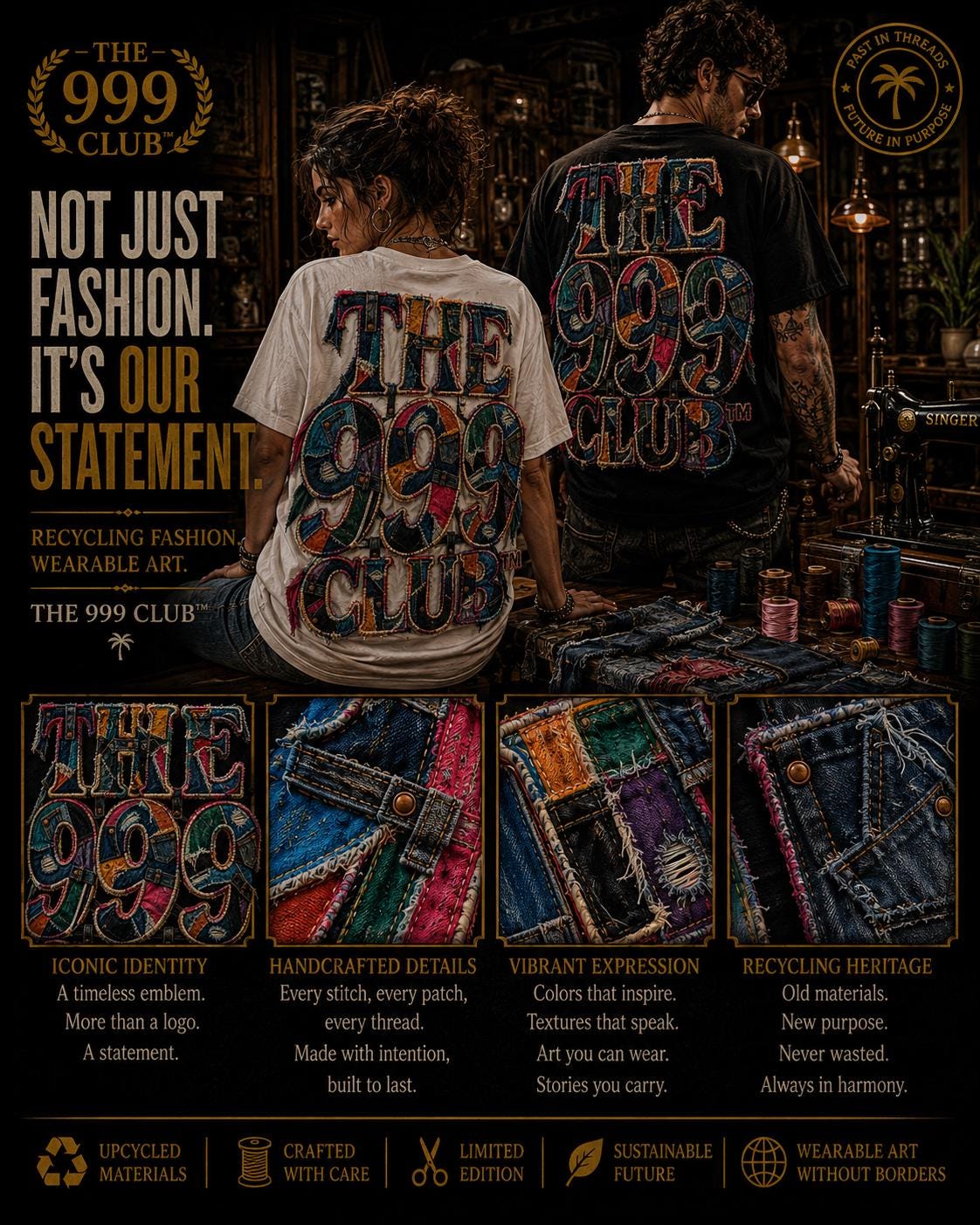 The 999 Club™ Recycled Fabric Back Print Tee, Textile Art Design, Unisex Clothing