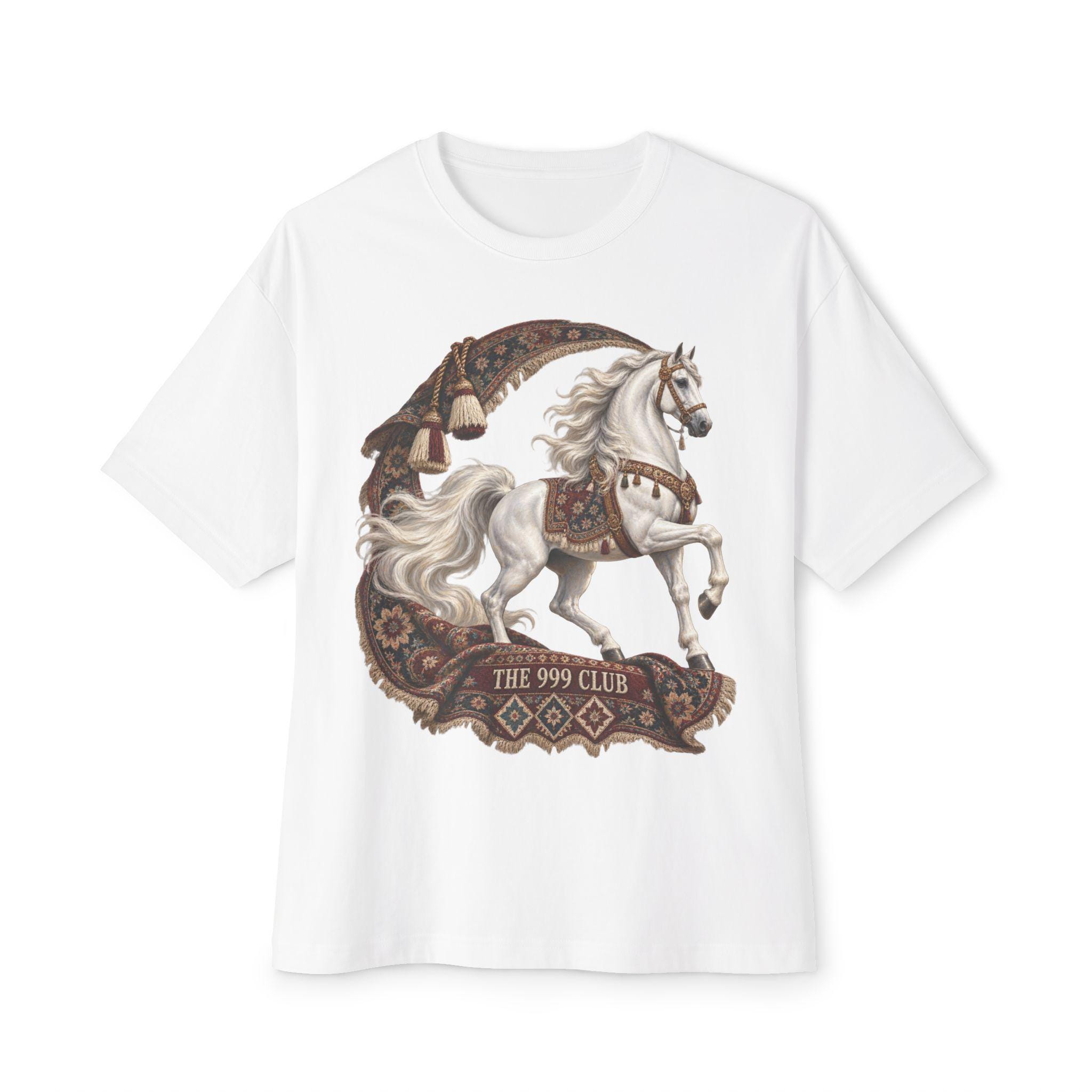 White Arabian Horse Moon design T-Shirt | The 999 Club, boho saddle artwork — THE 999 CLUB wearable art
