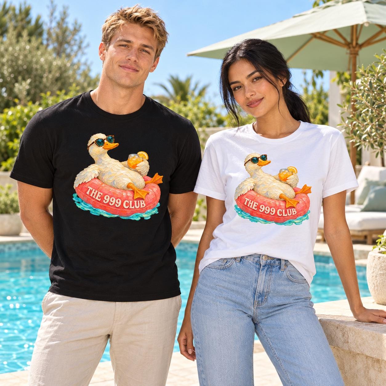 Duck Pool Oil Painting T-Shirt, Summer Sunshine Wearable Art, Pool Float Inspired Design, Unisex Artistic Tee, Handmade Style Streetwear — THE 999 CLUB wearable art