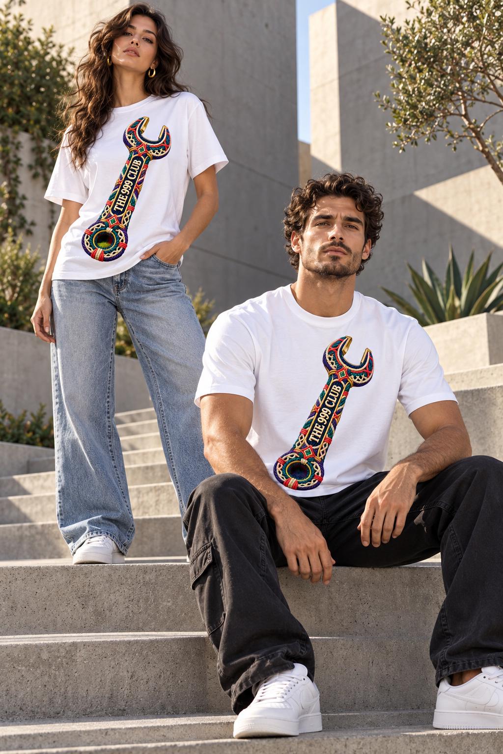 Fall Fashion, Floral Pattern Wrench Tee | Mechanical Tool Illustration, Colorful Hand-Drawn Wearable Art — THE 999 CLUB wearable art