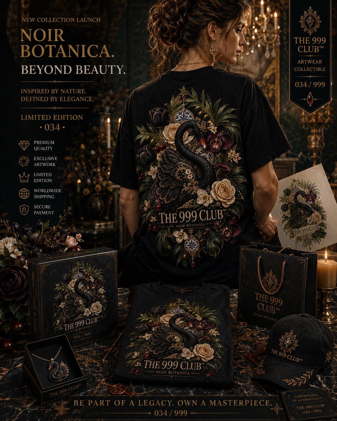 Black Swan Floral T-Shirt: Elegant Botanical Bird Art Tee