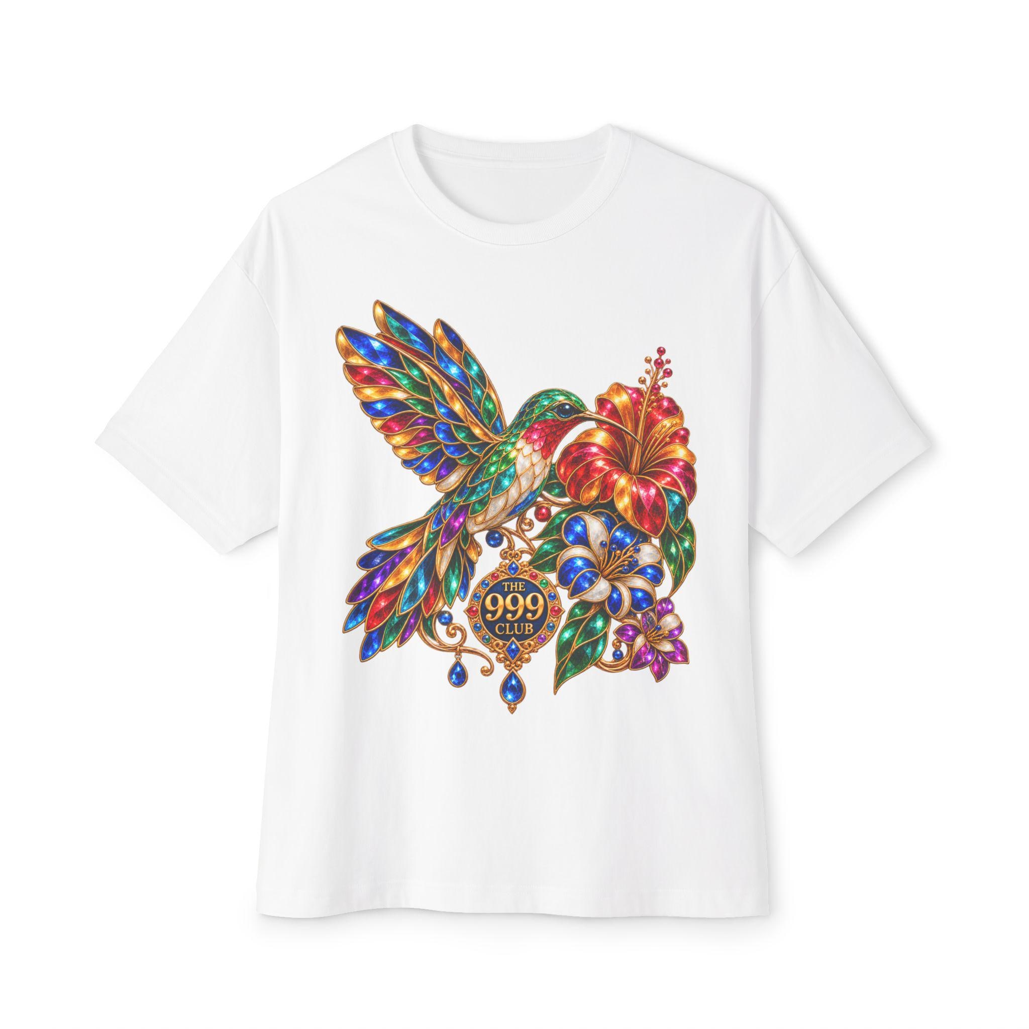 Colorful Hummingbird with Hibiscus Tee | Jewel Tone Floral Bird Shirt — original porcelain luxe T-shirt design by THE 999 CLUB