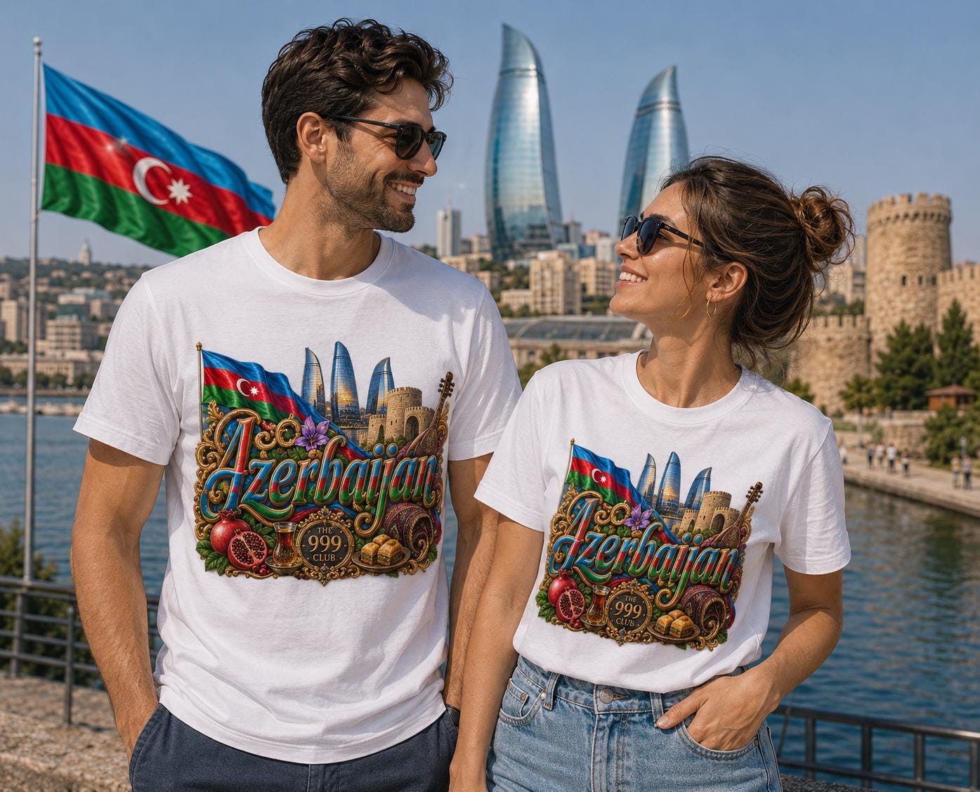 Azerbaijan Cityscape T-Shirt: Baku Heritage, Caspian Travel Souvenir (Oversized Cotton Tee)