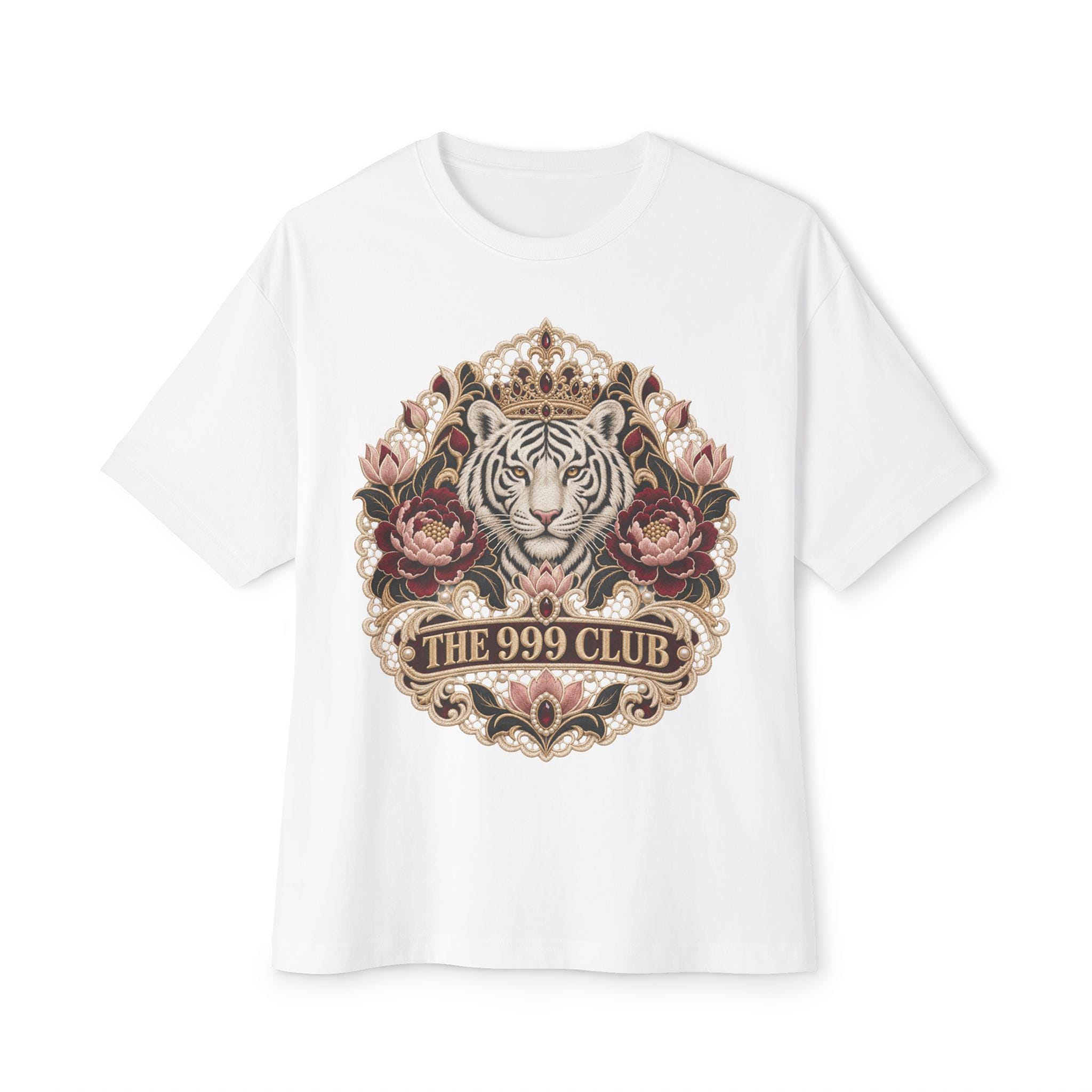 Lace Knitting Tiger Crest 'The 999 Club' Tee | Floral Vintage Emblem — original bohemian art T-shirt design by THE 999 CLUB