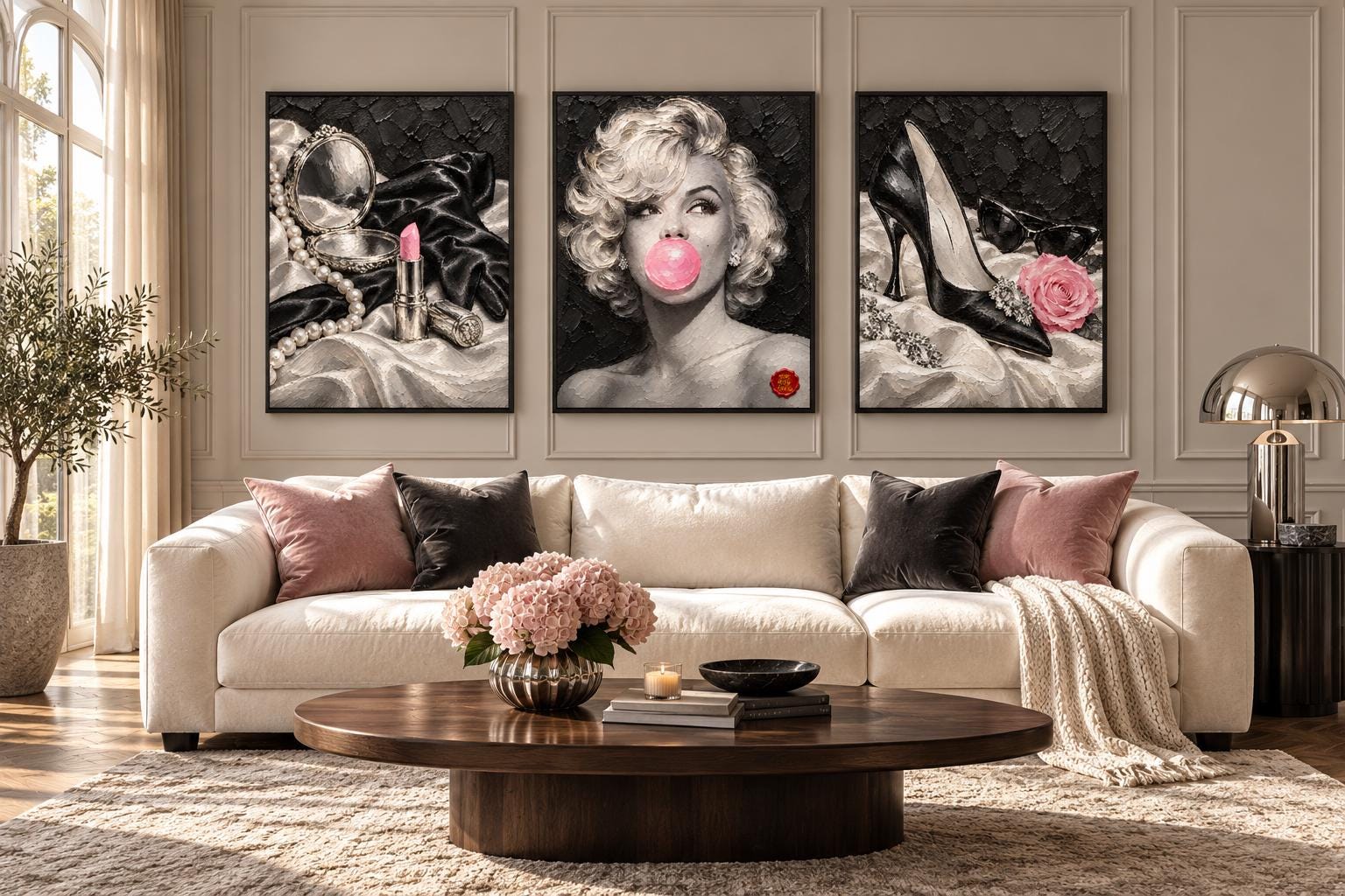 Marilyn Monroe Pink Bubblegum Poster, Red Lipstick, Vintage Mirror and High Heels Oil Painting, Hollywood Glam Fashion Wall Art, Retro Decor — THE 999 CLUB digital wall art