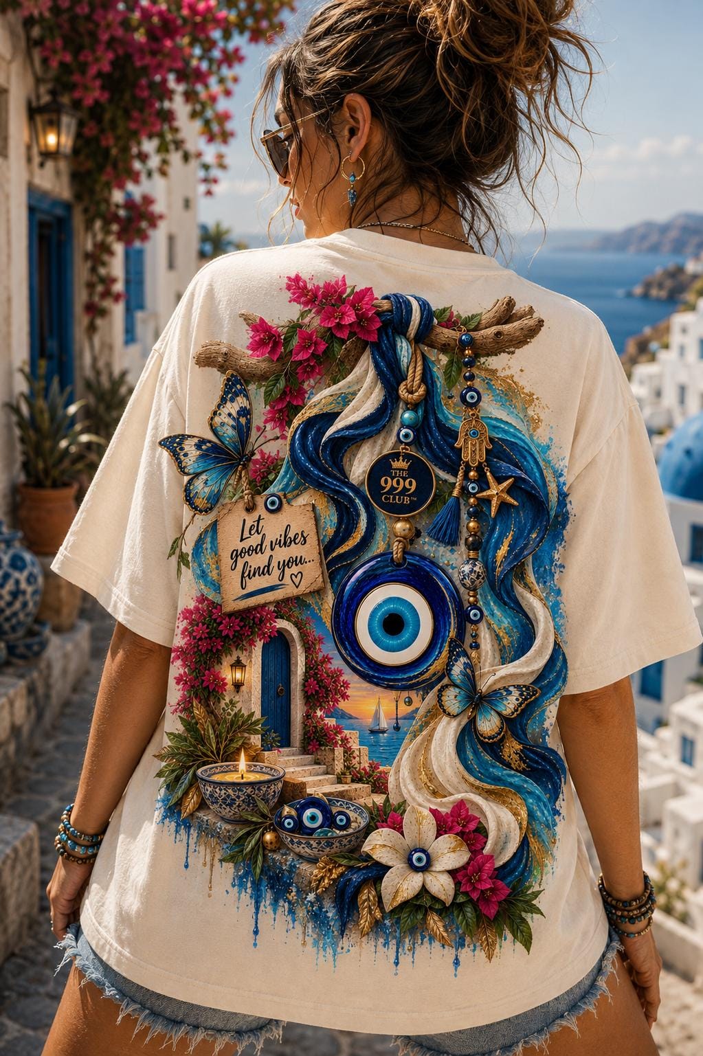 Hand of Fatima Graphic T-Shirt, Floral Evil Eye Design, Black Cotton Tee