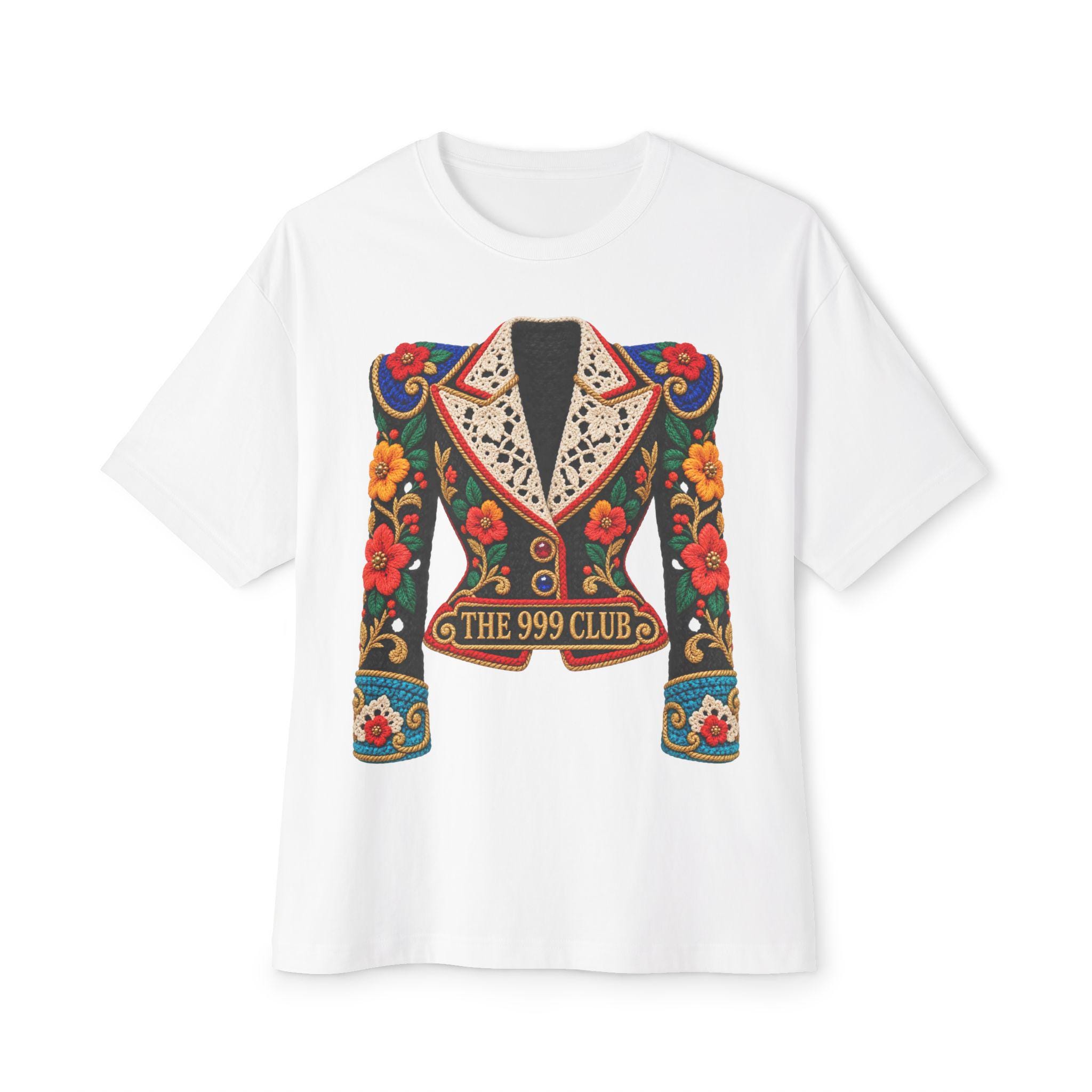 Wool Knit Floral Embroidered Jacket Illustration Tee | The 999 Club T-Shirt — original bohemian art T-shirt design by THE 999 CLUB