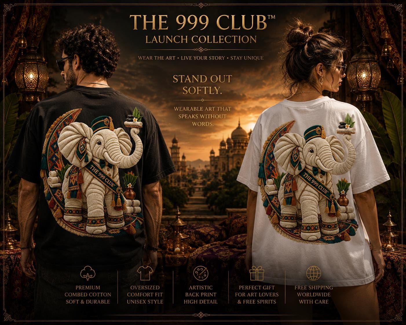 Boho Elephant Graphic Tee, Oversized Cotton T-Shirt, Artistic Back Print