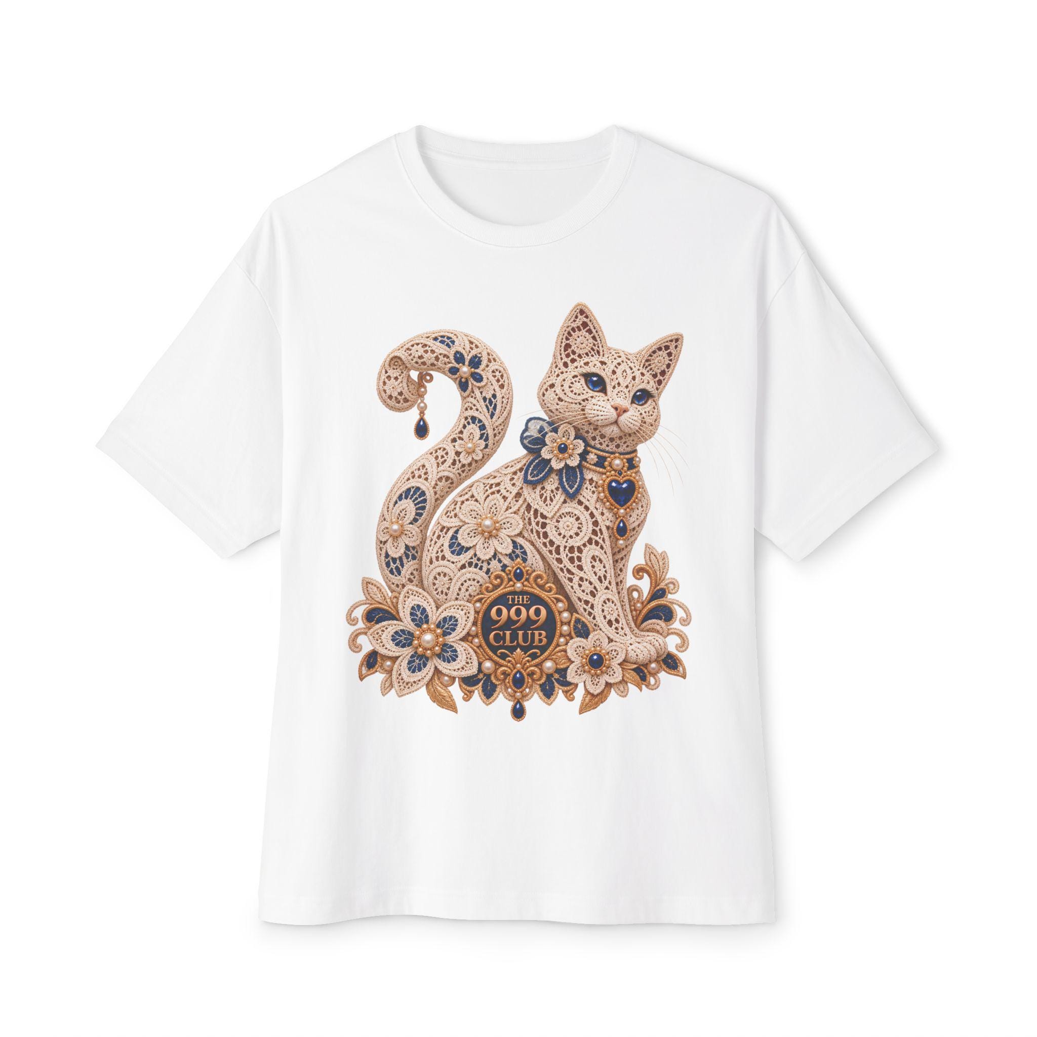 Floral Paisley Cat Tee | Decorative Cat Illustration T-Shirt Lace Knitting — original bohemian art T-shirt design by THE 999 CLUB