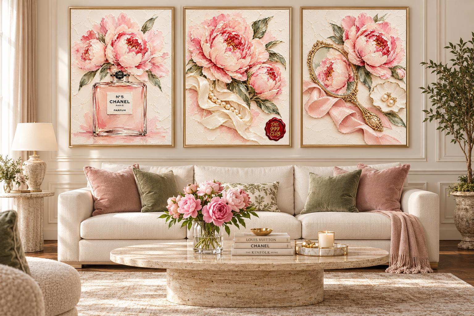 Chanel No 5 Perfume Bottle with Pink Rose and Pearls Poster, Romantic Beauty Oil Painting Wall Art, Elegant Vanity Room and Home Decor Print — THE 999 CLUB digital wall art