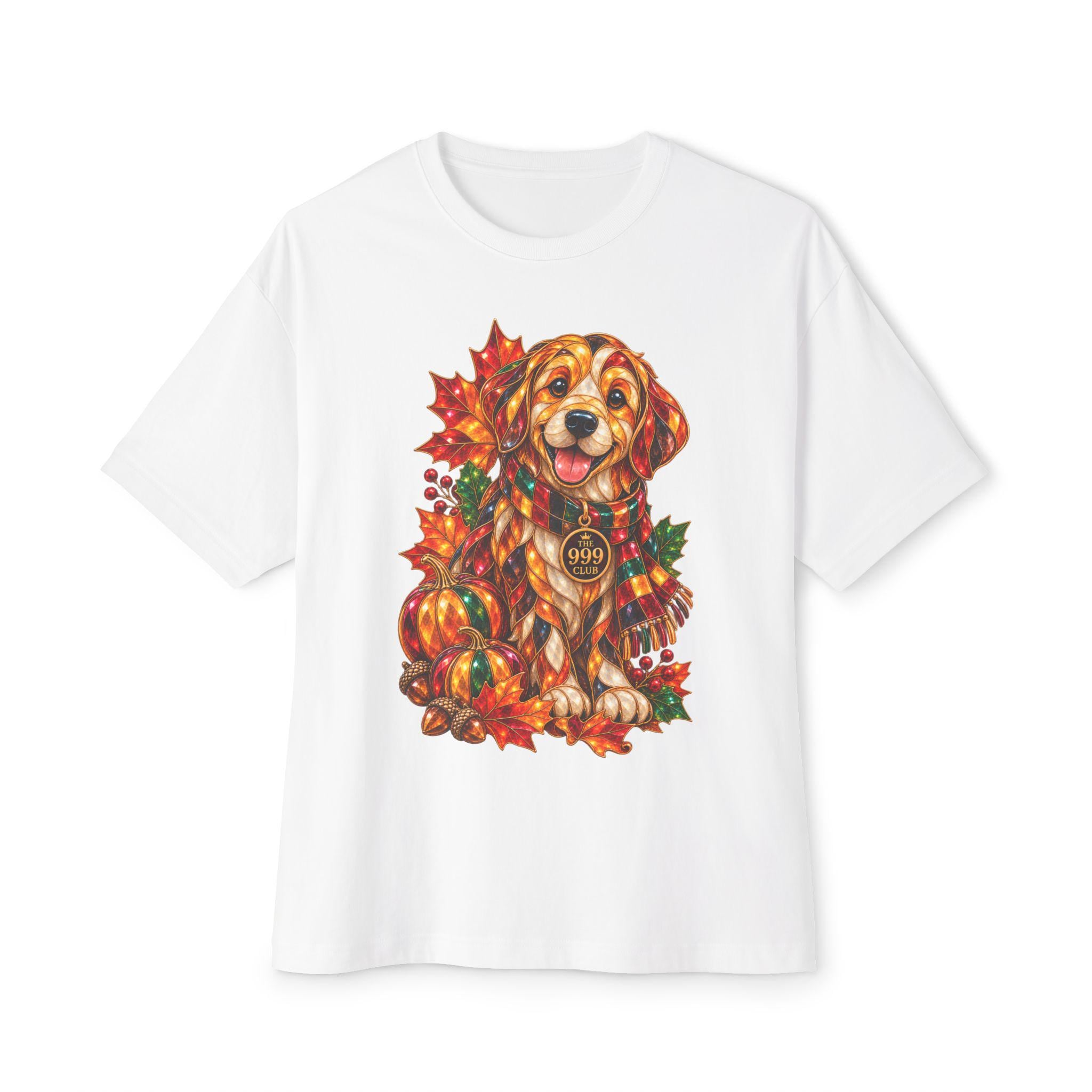 Autumn Golden Retriever Puppy Tee | Fall Leaves Scarf Pumpkin Design, Dog Design T-Shirt — original holiday T-shirt design by THE 999 CLUB
