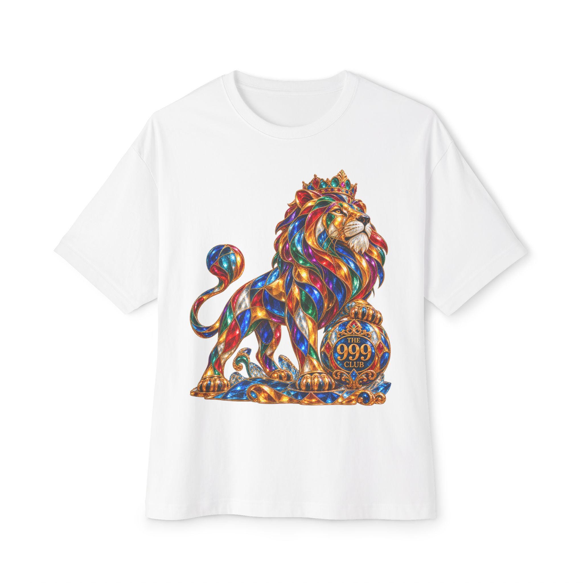 Colorful Stained Glass Lion Tee | Regal Mosaic Lion T-Shirt — original animal art T-shirt design by THE 999 CLUB
