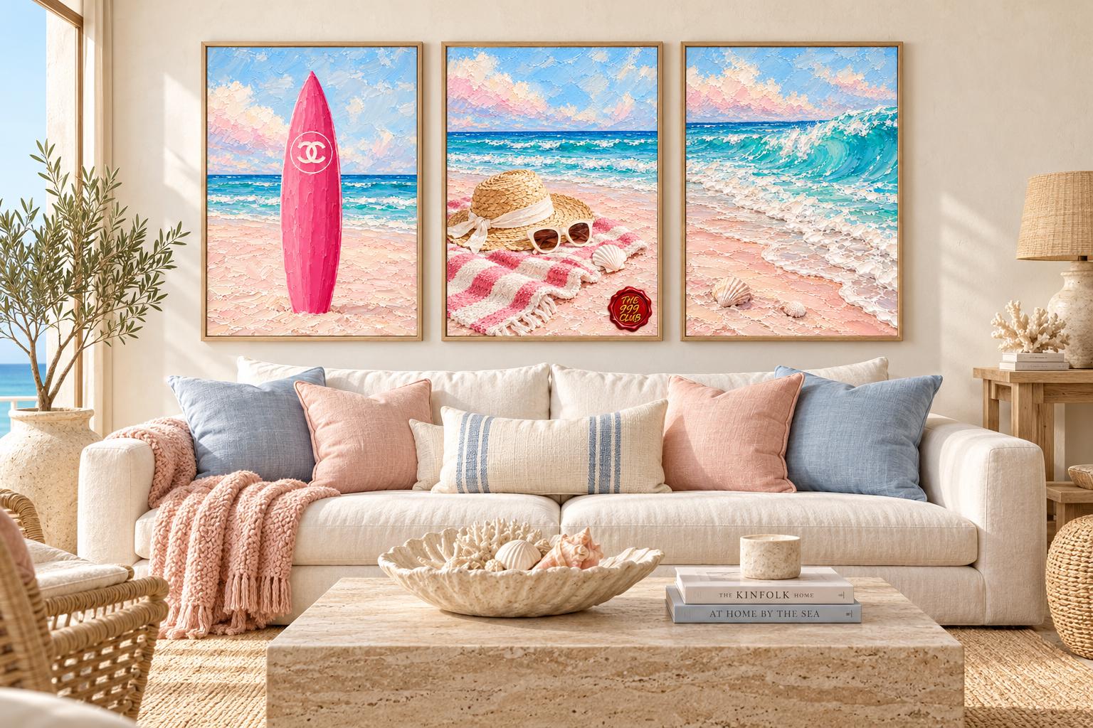 Chanel Inspired Pink Surfboard Beach Poster, Sunglasses, Sun Hat and Beach Towel by the Sea, Coastal Summer Oil Painting Wall Art, Chic Deco — THE 999 CLUB digital wall art