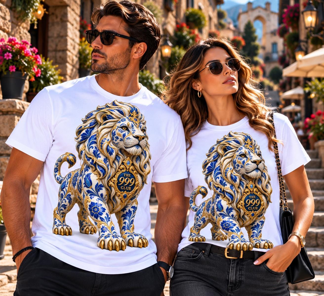 Blue and Gold Decorative Lion Tee | Ceramic Pattern Lion Shirt