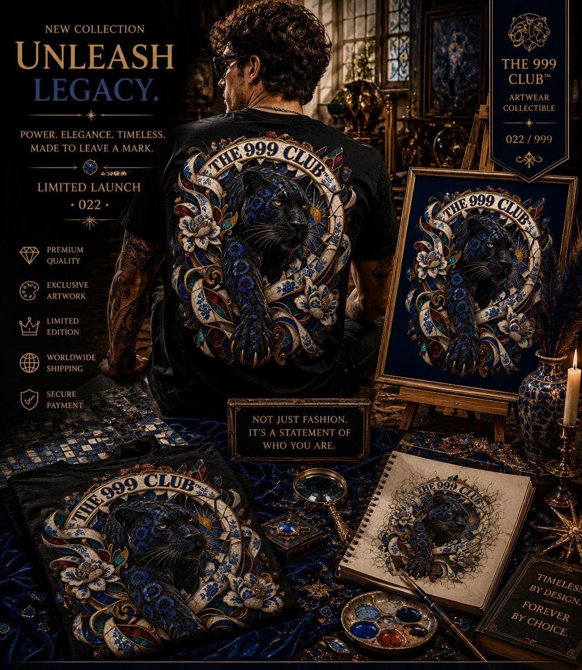 Blue Jaguar Porcelain T-Shirt: Artistic Back Print, Streetwear Design