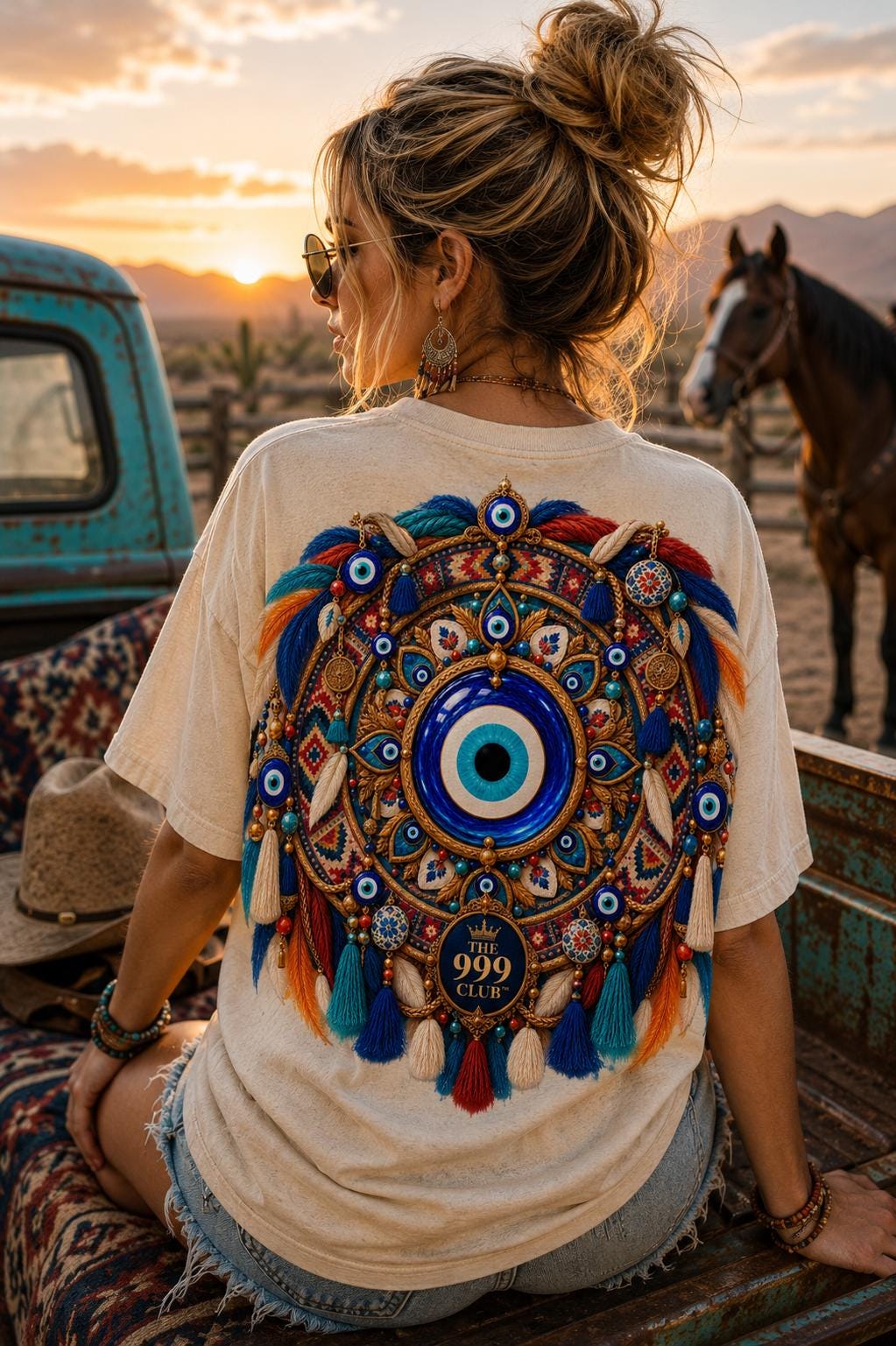 Turkish Nazar Hamsa Graphic Tee, Lucky Flower Design, Evil Eye Cotton Shirt