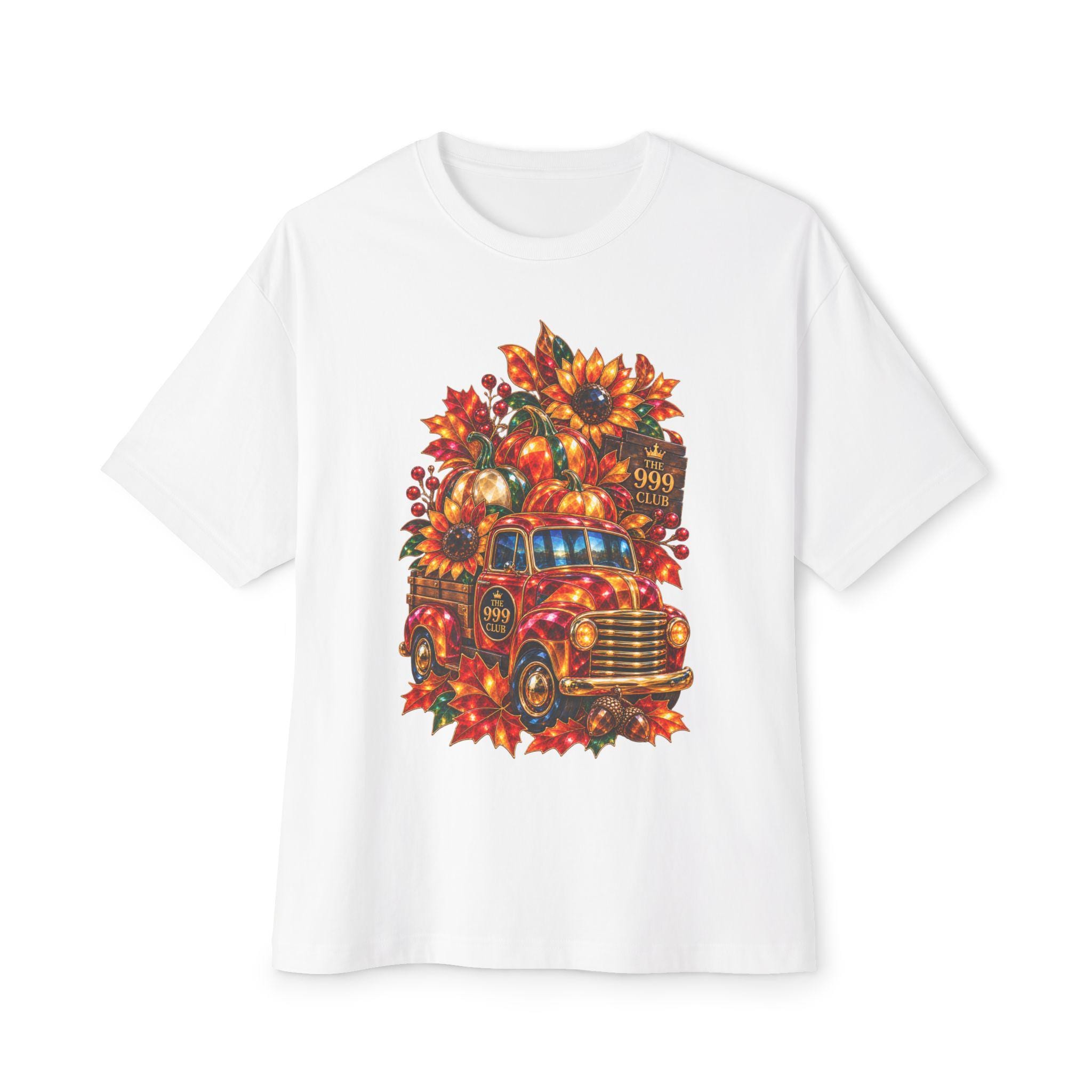 Autumn Harvest Truck Tee | Pumpkin, Sunflower, Fall Leaves — original holiday T-shirt design by THE 999 CLUB