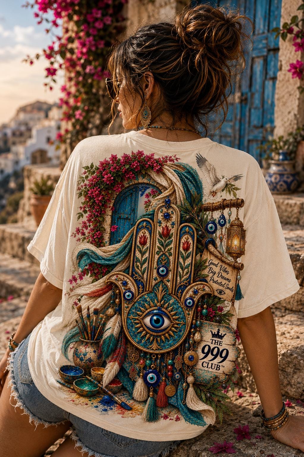 Fatima Hand Nazar Graphic T-Shirt, Floral Motif, Boho Cotton Tee, Design Tee