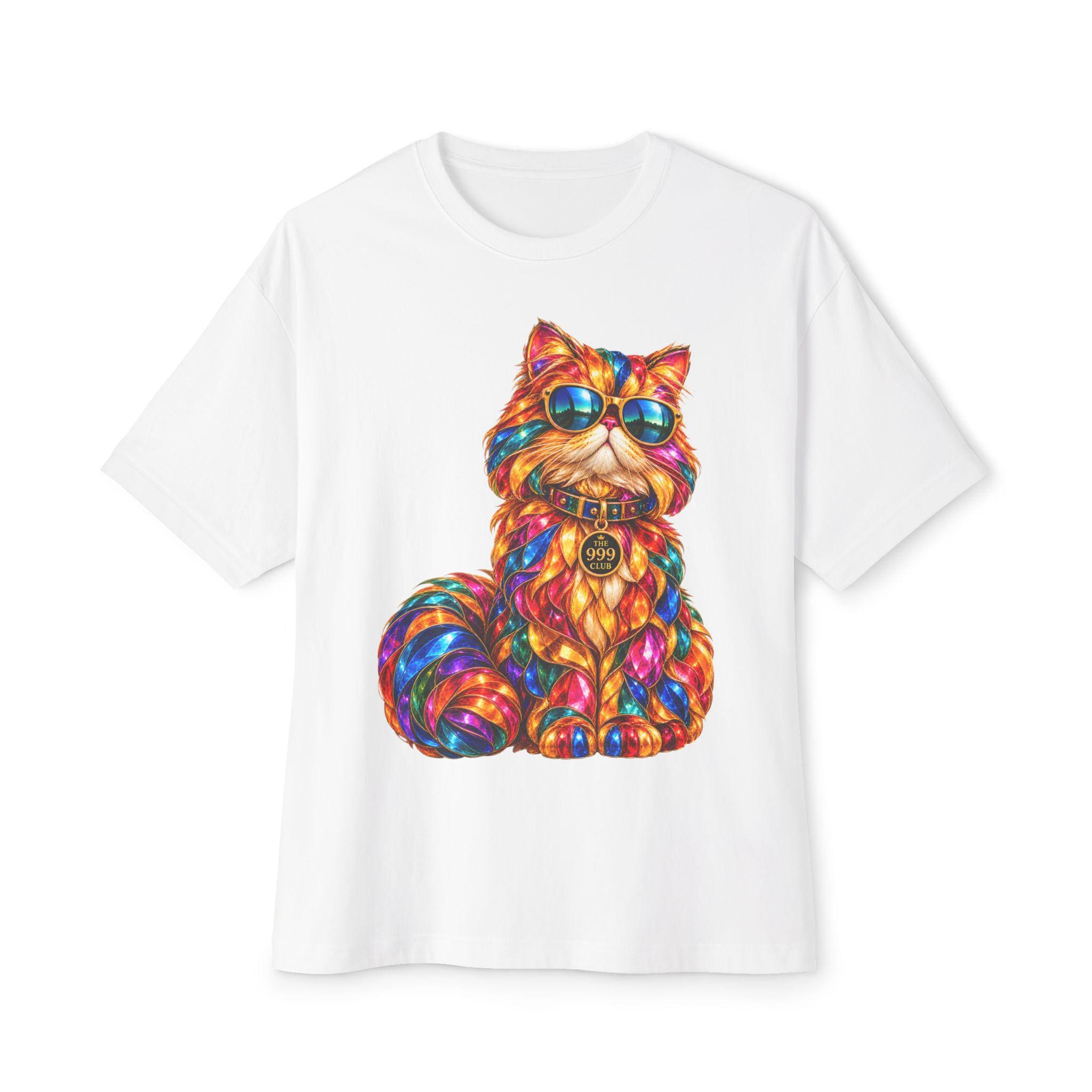 Colorful Psychedelic Cat illustration Tee | Cat with Sunglasses T-Shirt — original animal art T-shirt design by THE 999 CLUB