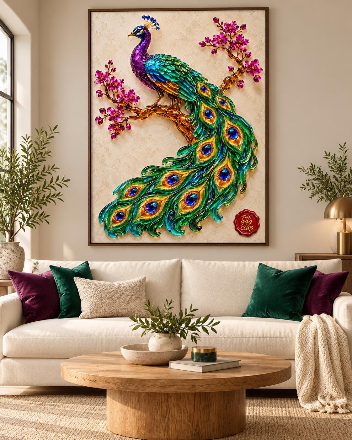 Glass Peacock Art Poster, Colorful Fused Glass Peacock Wall Art, Vibrant Bird Glass Panel, Elegant Office Decor, Office Gifts and Wall Print — THE 999 CLUB digital wall art