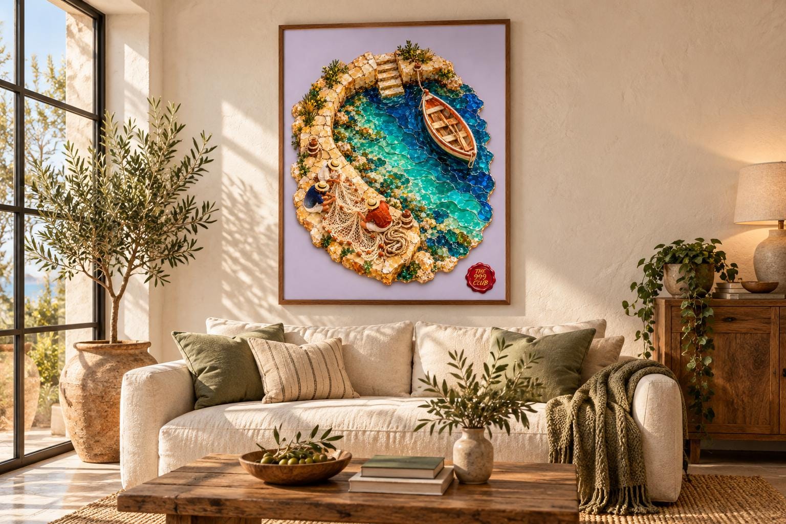 Coastal Fishing Boat Wall Art Poster, Fishing Net and Sea Mosaic Glass Art, Ocean Beach Landscape Print, Nautical Home Decor, Seaside Gift — THE 999 CLUB digital wall art