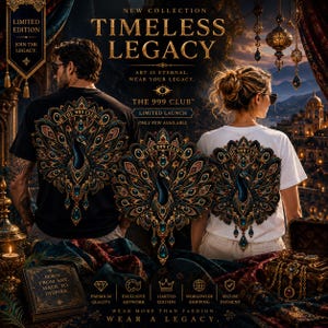 May include: A black t-shirt and a white t-shirt, each featuring a large, intricate graphic on the back of a peacock with ornate gold, blue, and teal jewel-toned feathers. The text "THE 999 CLUB" is printed above the peacock design on both shirts.