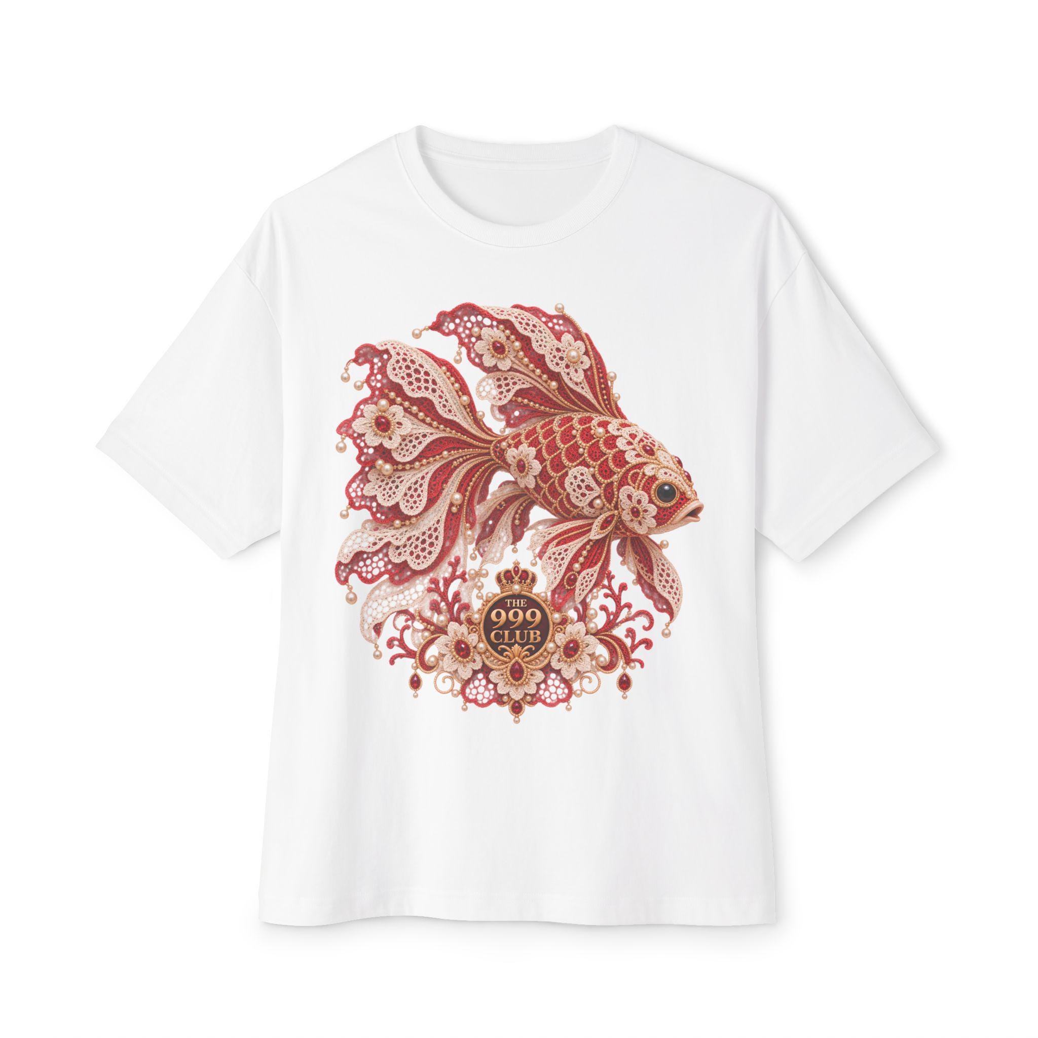 Ornate Koi Fish Tee | Red Floral Koi Shirt Lace Knitting — original porcelain luxe T-shirt design by THE 999 CLUB