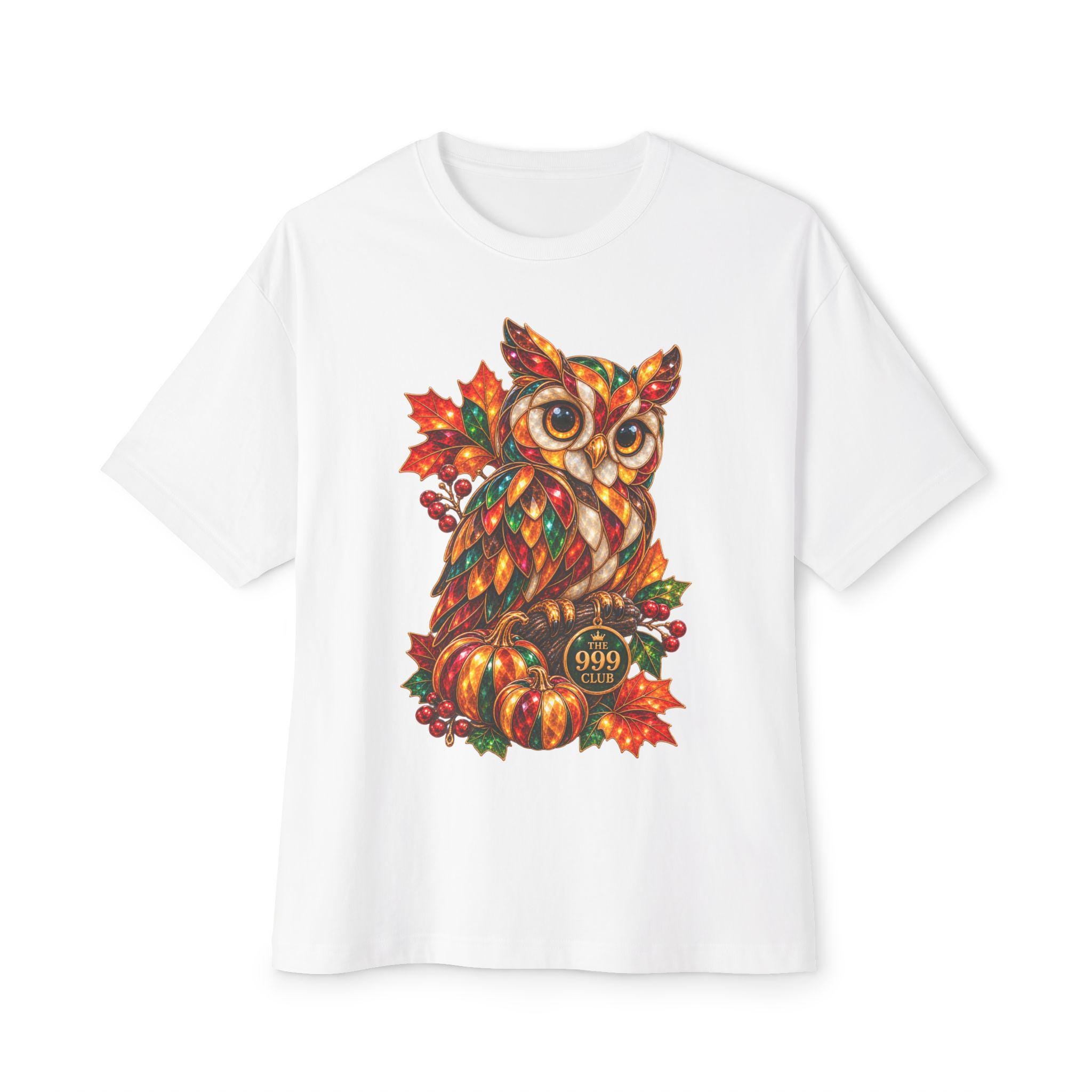 Autumn Owl Tee | Fall Leaves Pumpkin Forest T-Shirt — original holiday T-shirt design by THE 999 CLUB