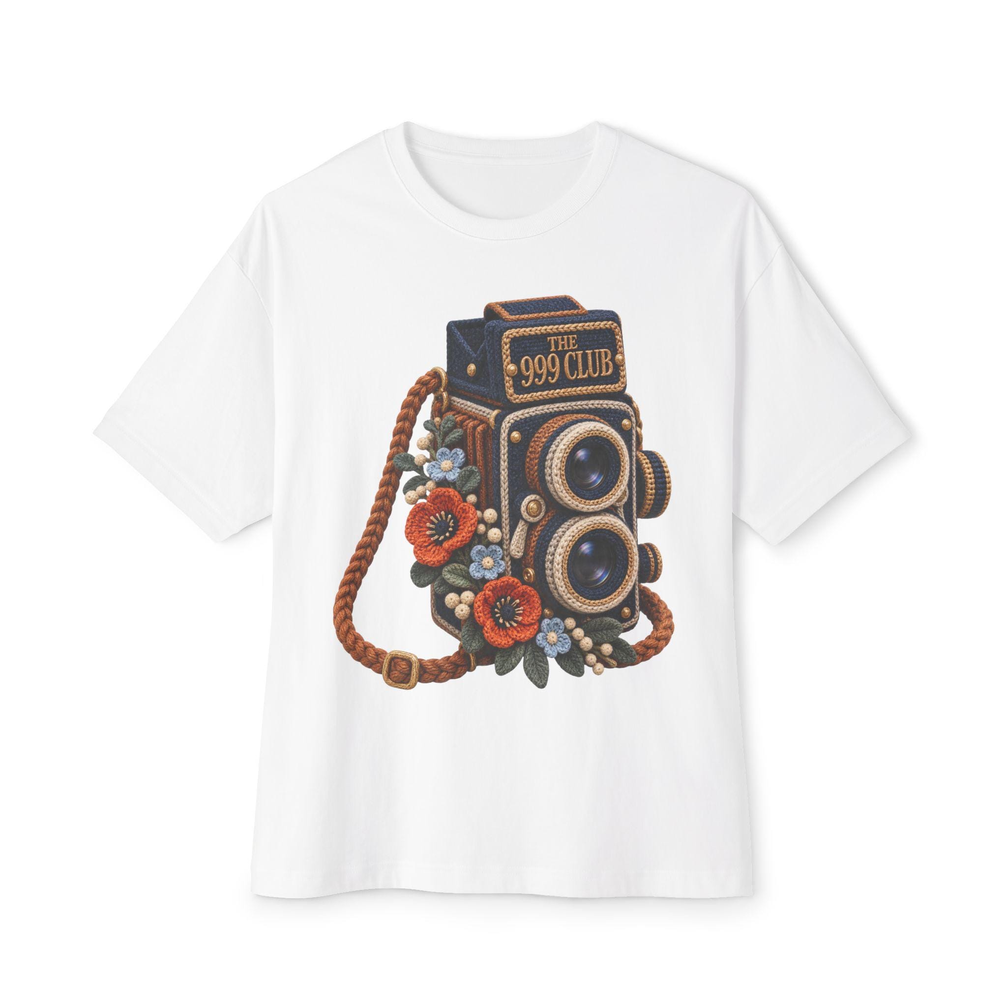 Vintage Twin Lens Camera with Flowers Tee | The 999 Club Wool Knit — original bohemian art T-shirt design by THE 999 CLUB