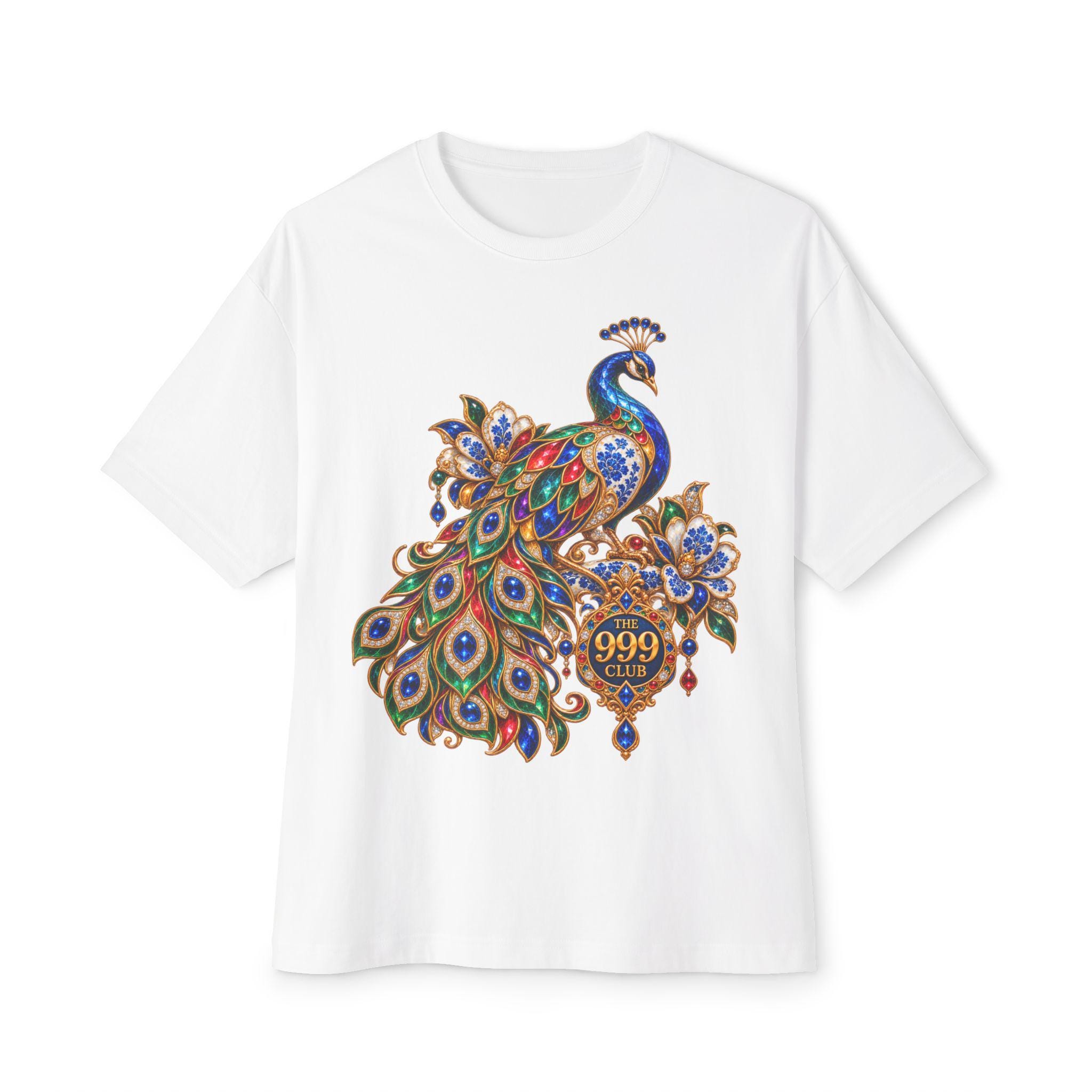 Colorful jeweled Peacock Illustration T-Shirt | Ornate Indian-style design — original porcelain luxe T-shirt design by THE 999 CLUB