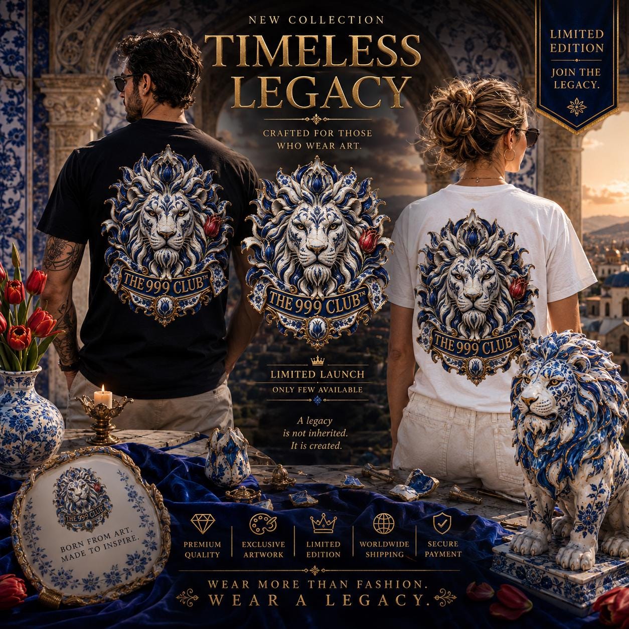 Personalized Blue Lion T-Shirt: Custom Name, Street Style Art Tee