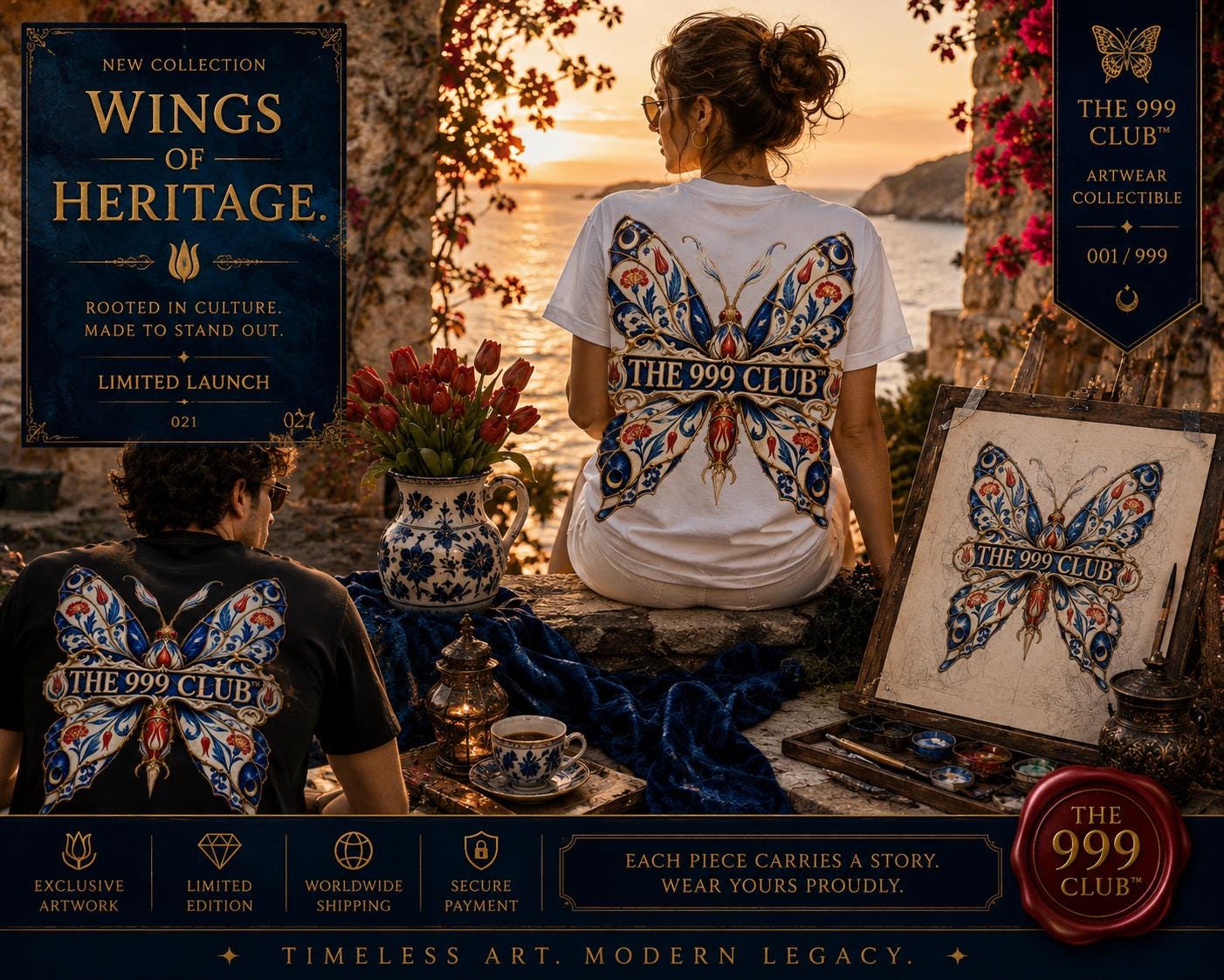 Blue White Porcelain Butterfly T-Shirt: Elegant Botanical Graphic Tee