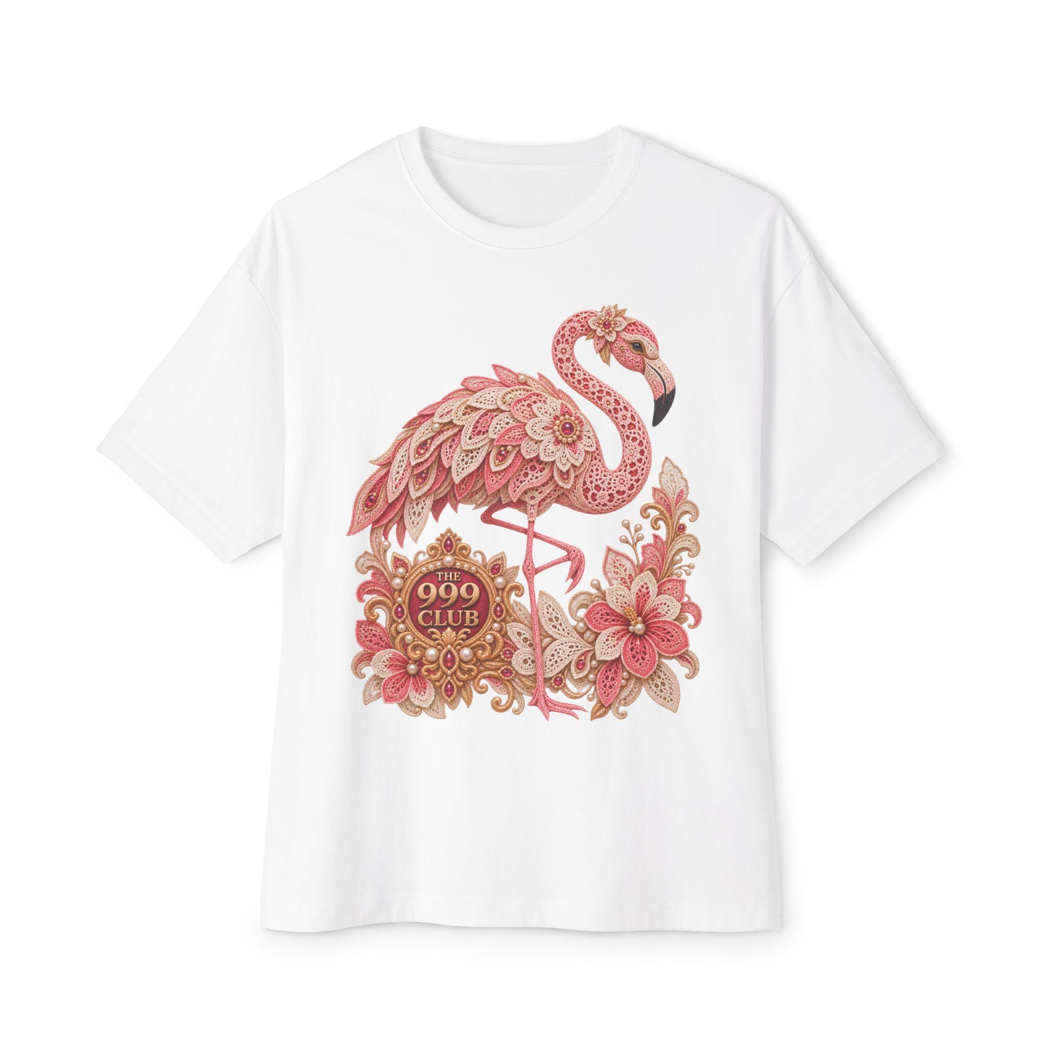 Pink Floral Flamingo Tee | Vintage Botanical Bird Shirt Lace Knitting — original bohemian art T-shirt design by THE 999 CLUB
